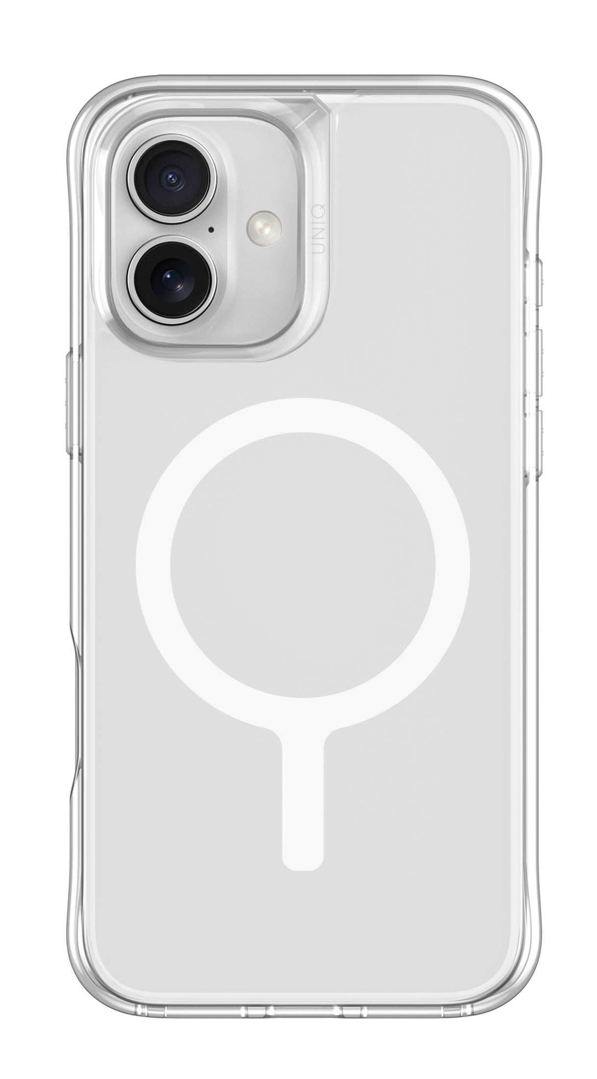 Kamera kesimli ve beyaz daire logolu şeffaf telefon kılıfı.
