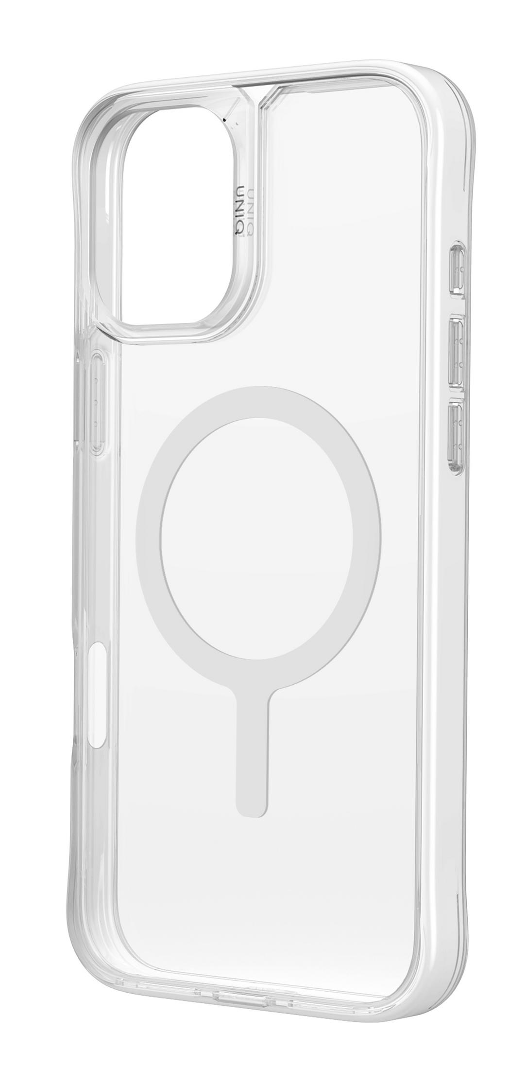 MagSafe halkalı ve UNIQ logolu şeffaf telefon kılıfı.