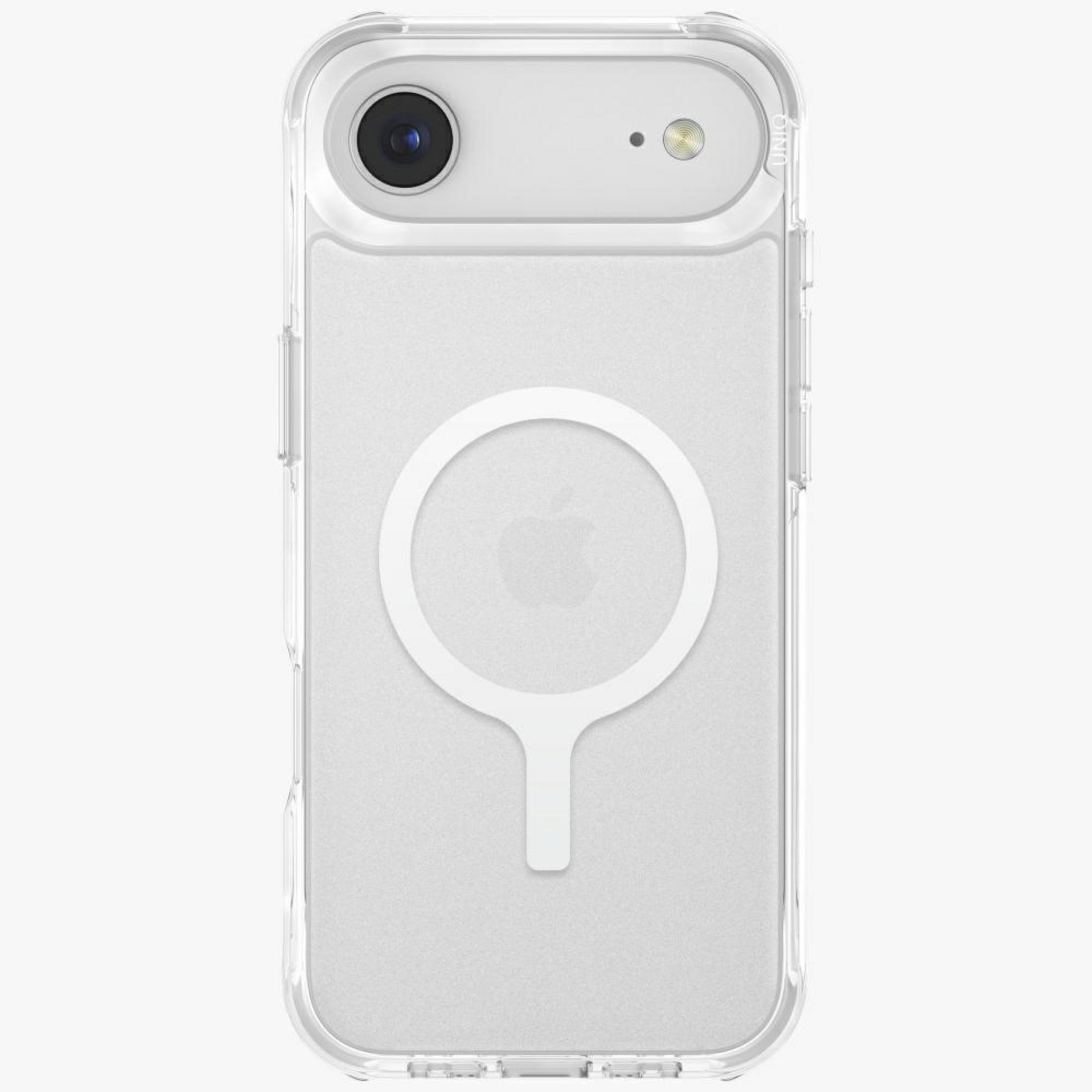 Arka tarafı görünen beyaz bir iPhone, şeffaf bir kılıf içinde, belirgin beyaz dairesel manyetik halkasıyla gösteriliyor.