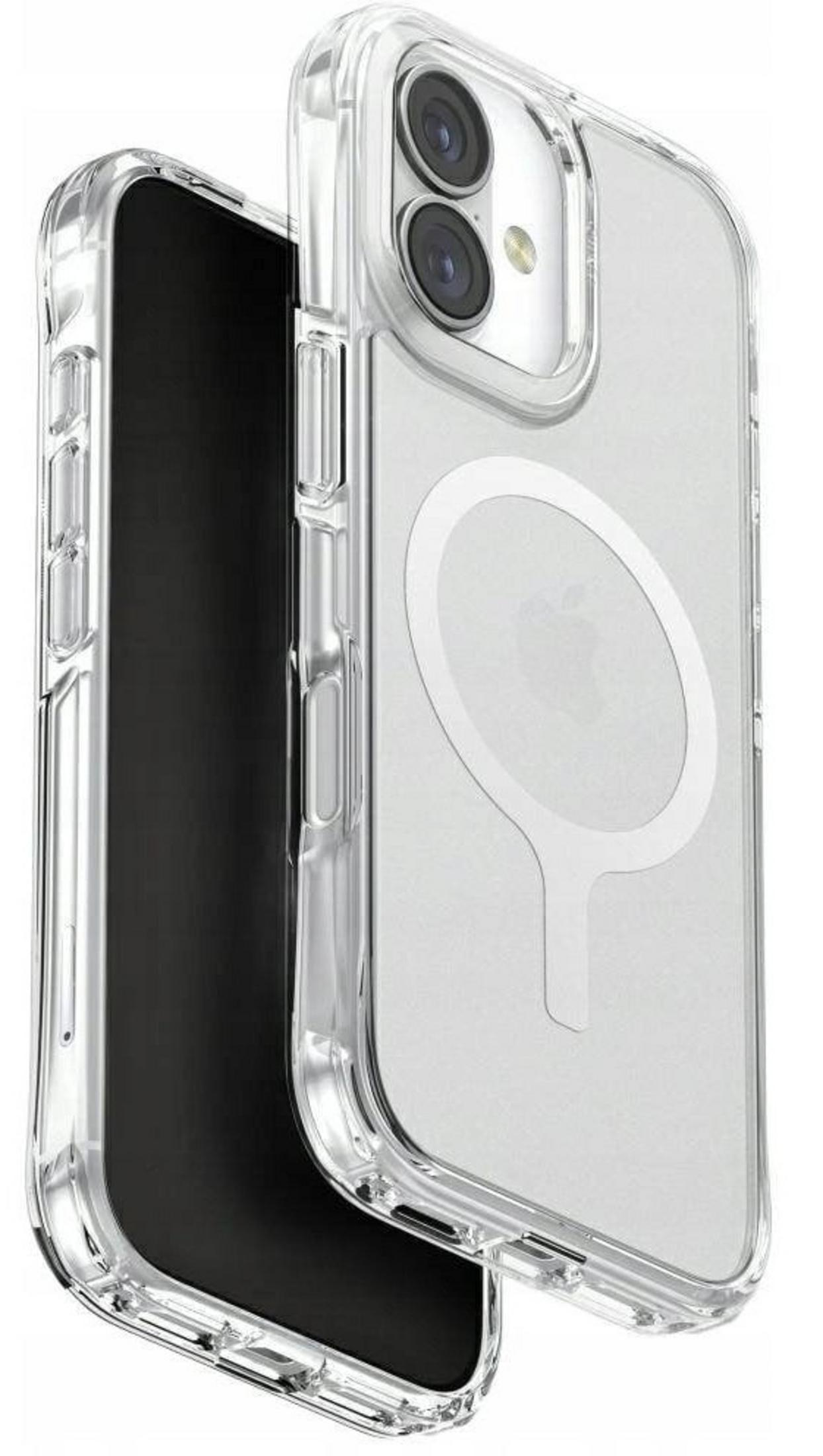Kameralı ve dairesel Apple logolu şeffaf telefon kılıfı.