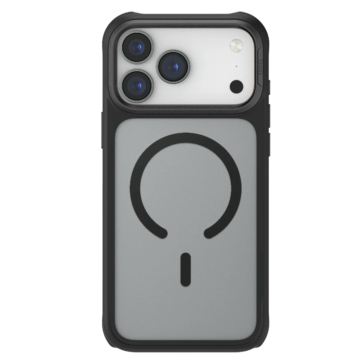 Siyah bir iPhone, arkasında siyah dairesel mıknatıs bulunan şeffaf bir kılıfla, koyu bir arka plana karşı gösteriliyor.