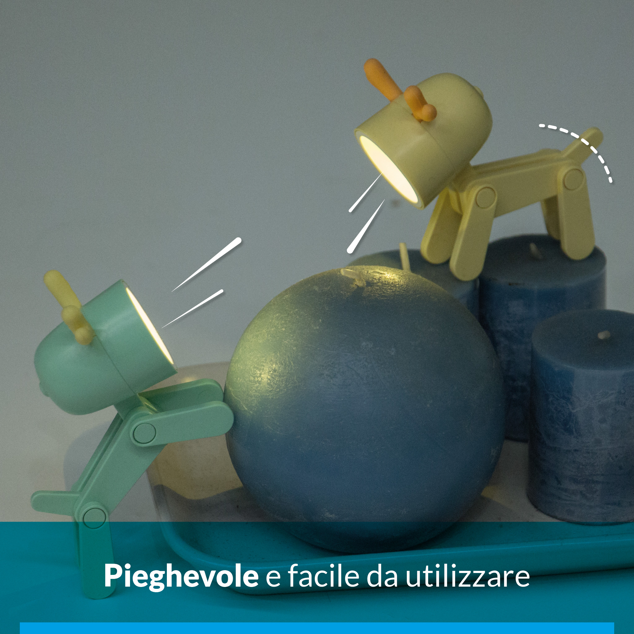 Due simpatiche lampade da scrivania a forma di cane illuminano un vassoio con candele.