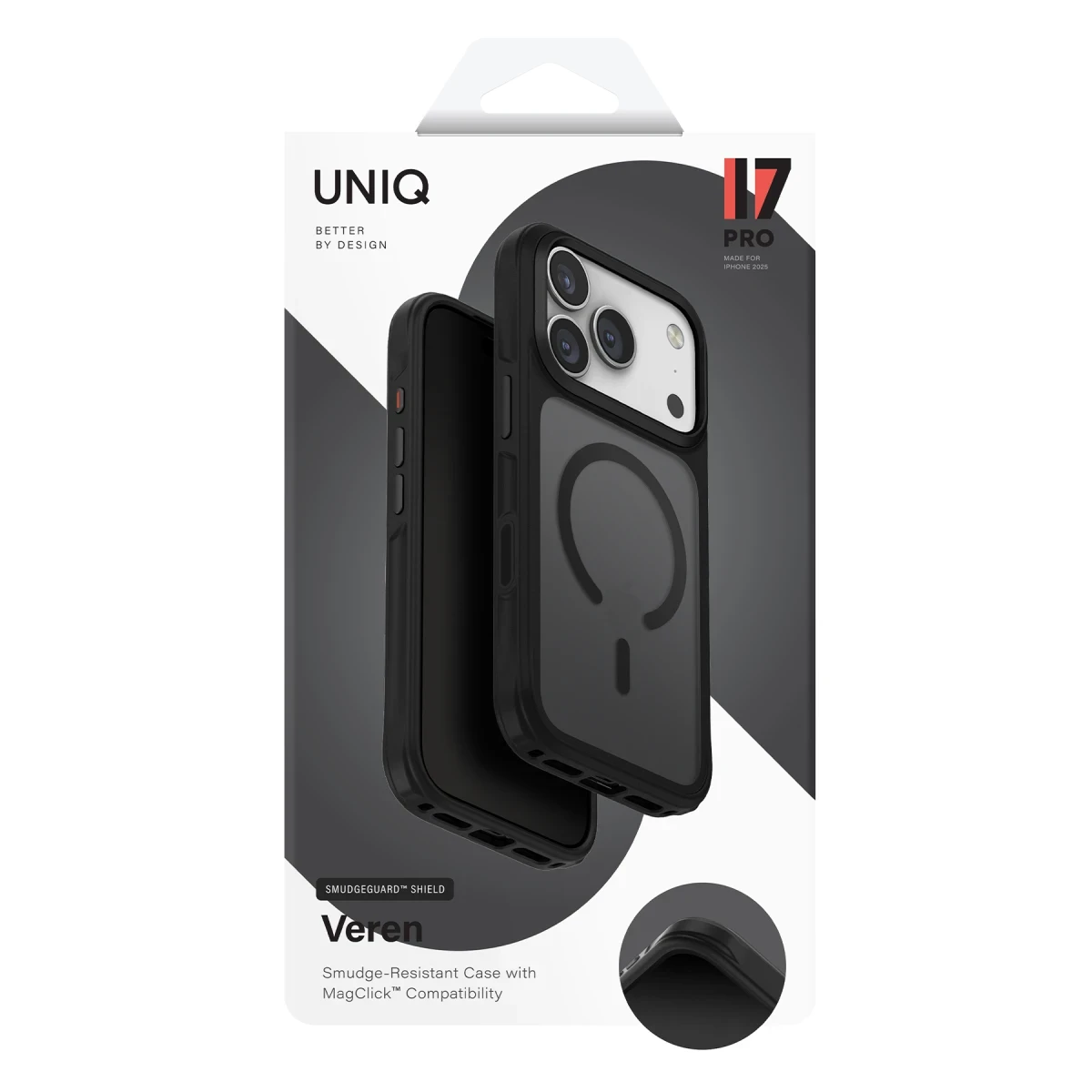 MagClick uyumlu, şeffaf arka kapaklı siyah iPhone kılıfı.