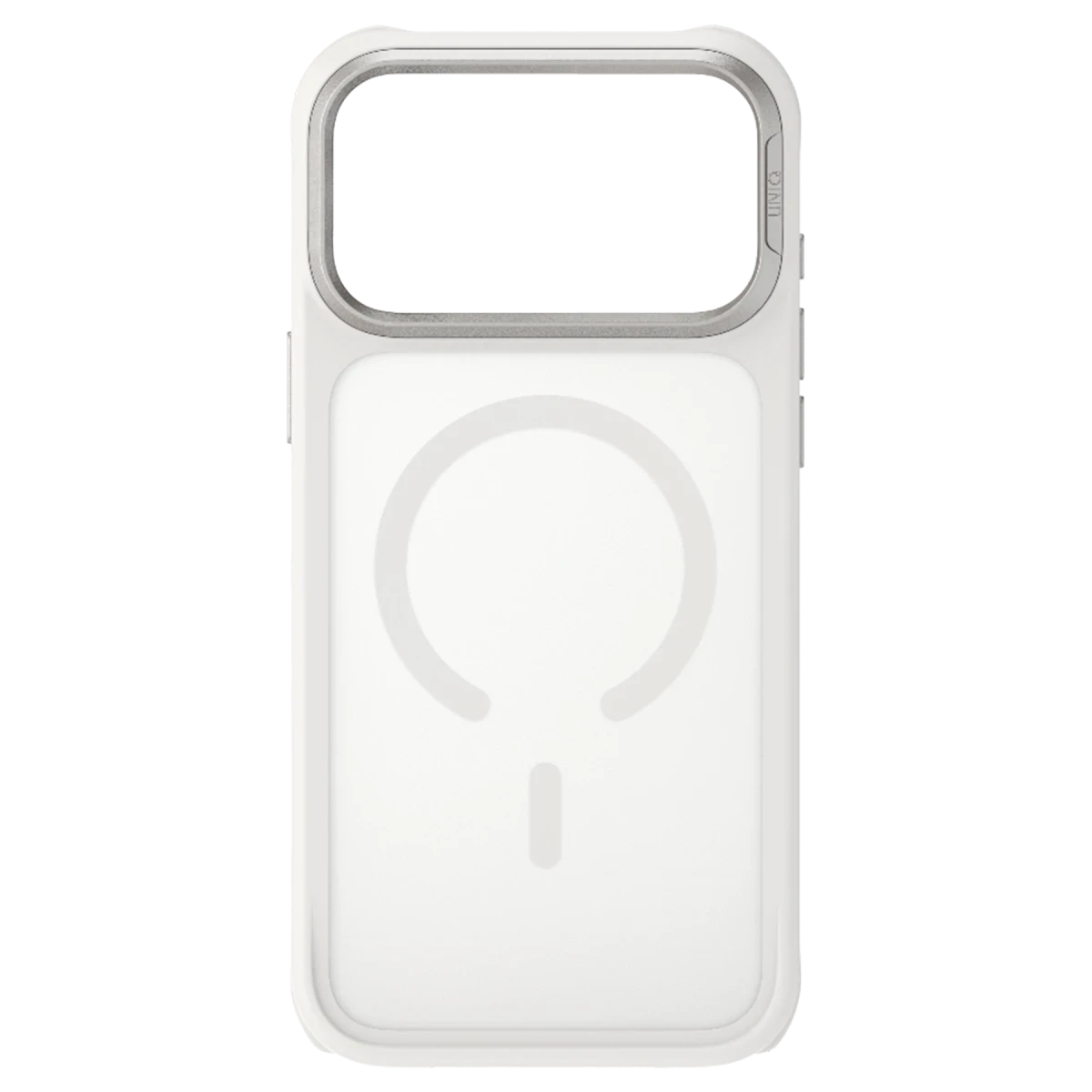 Gri çerçeveli beyaz telefon kılıfı ve manyetik halka sembolü.