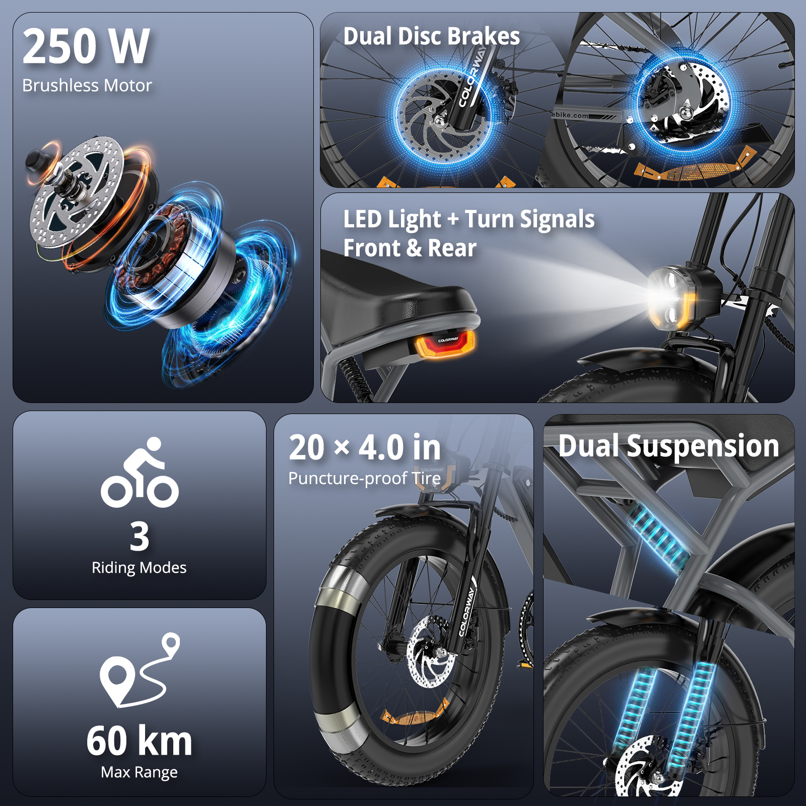 E-bike: 250W motor, schijfremmen, LED-licht, 3 modi, 60km bereik.