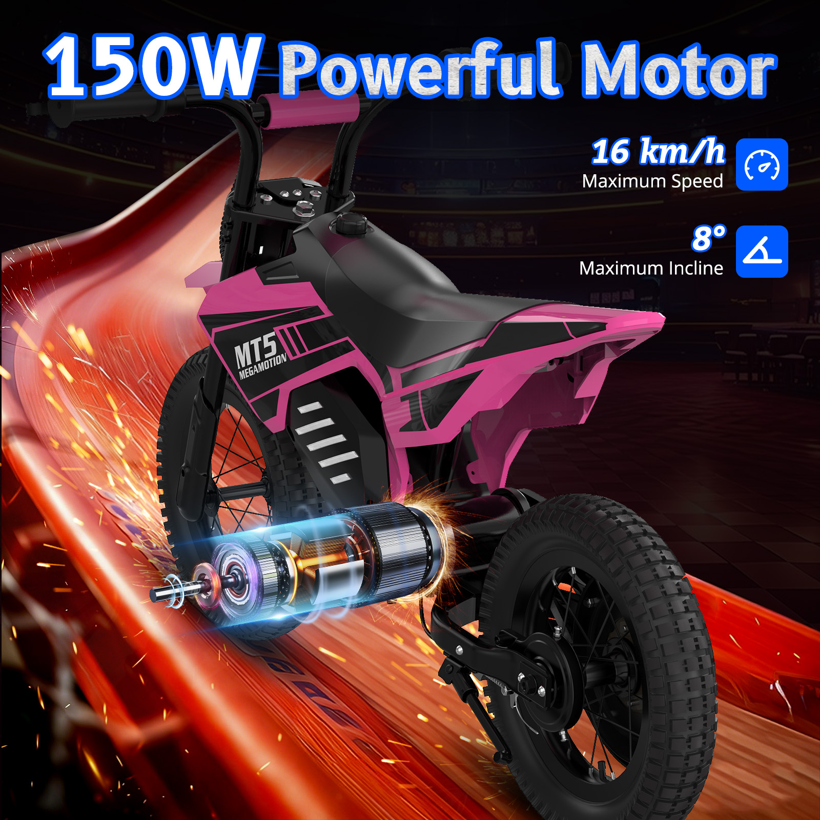 Różowy i czarny motocykl elektryczny 150W, maks. prędkość 16 km/h.
