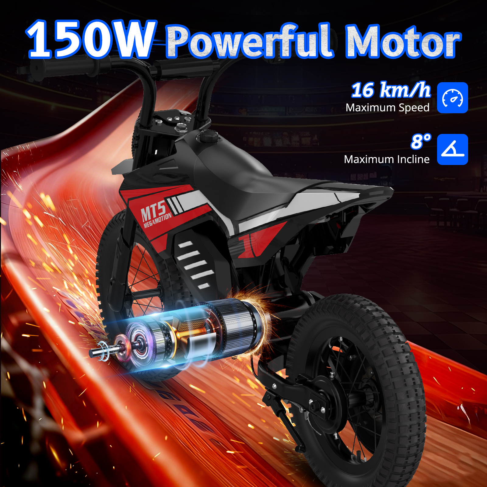 Czarny motocykl elektryczny z czerwonymi akcentami, silnik 150W, max. 16 km/h.