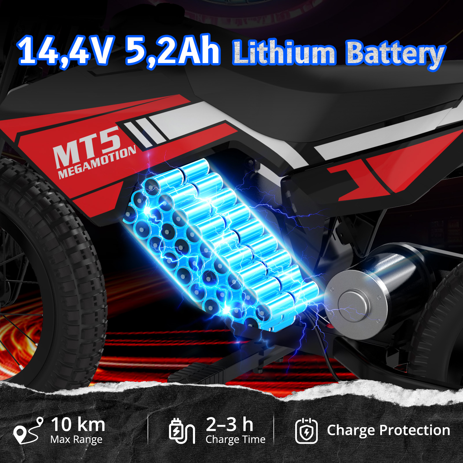 Motocykl z baterią litową 14,4V 5,2Ah, zasięg 10km, czas ładowania 2-3h.