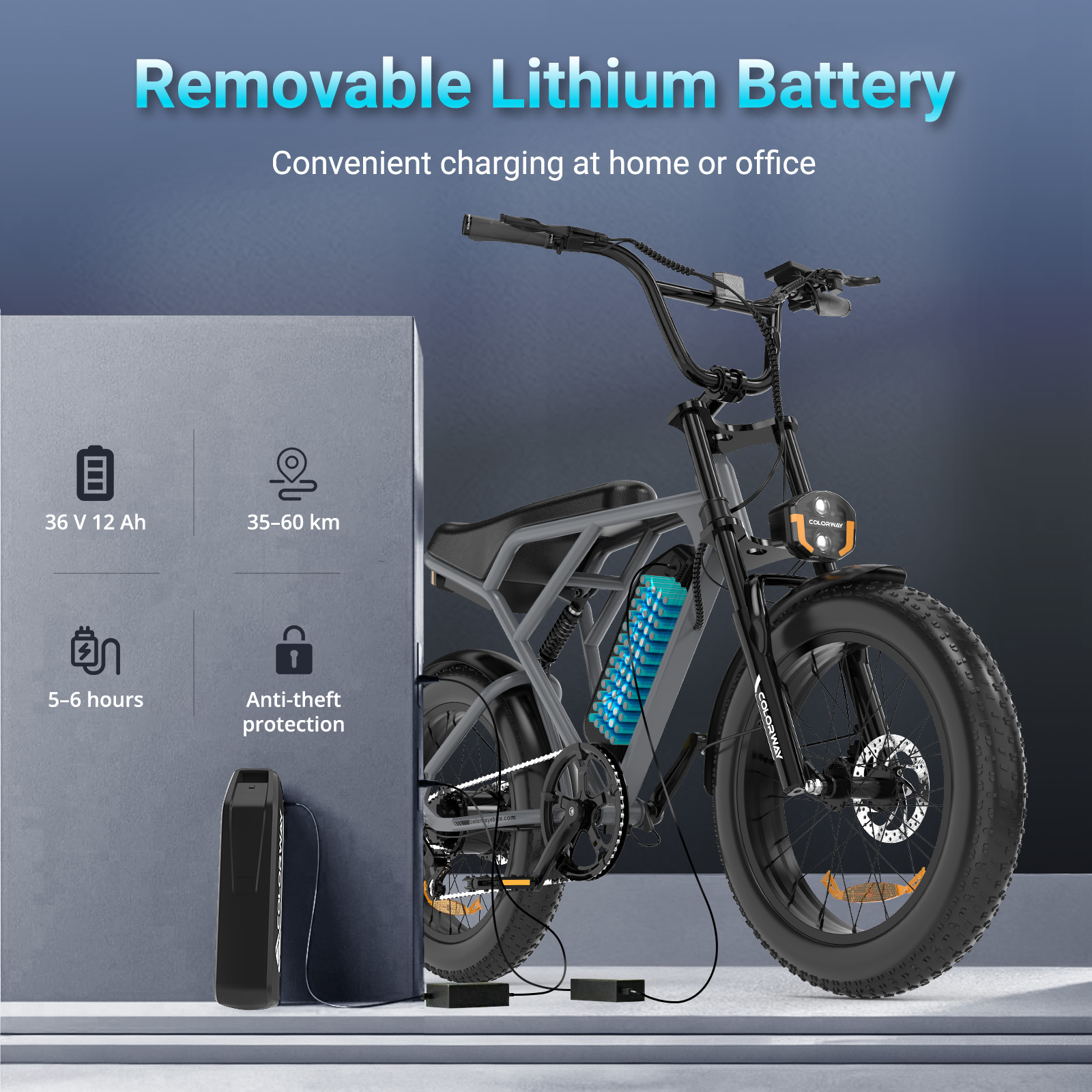 Grijze e-bike met afneembare batterij, 36V, 12Ah, 35-60km bereik.