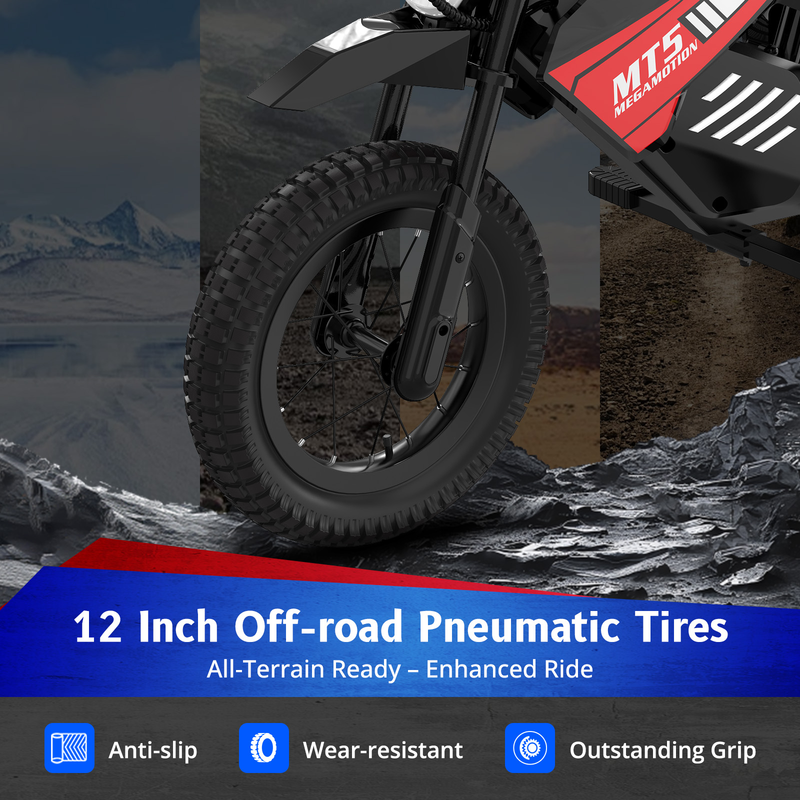 Opona motocyklowa z napisem "12 Inch Off-road Pneumatic Tires". Antypoślizgowa.