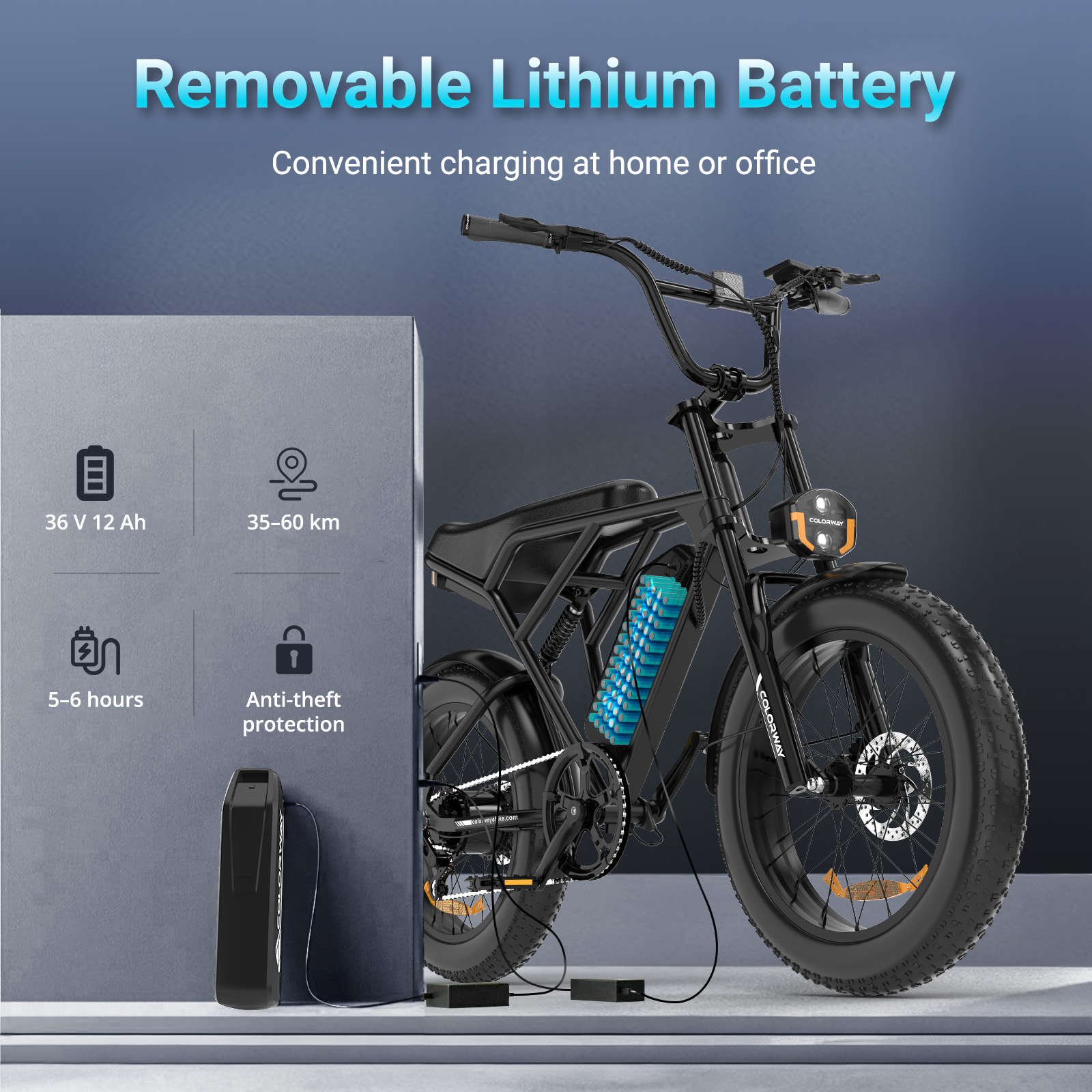 Zwarte e-bike met verwijderbare batterij, opladen via kabel.