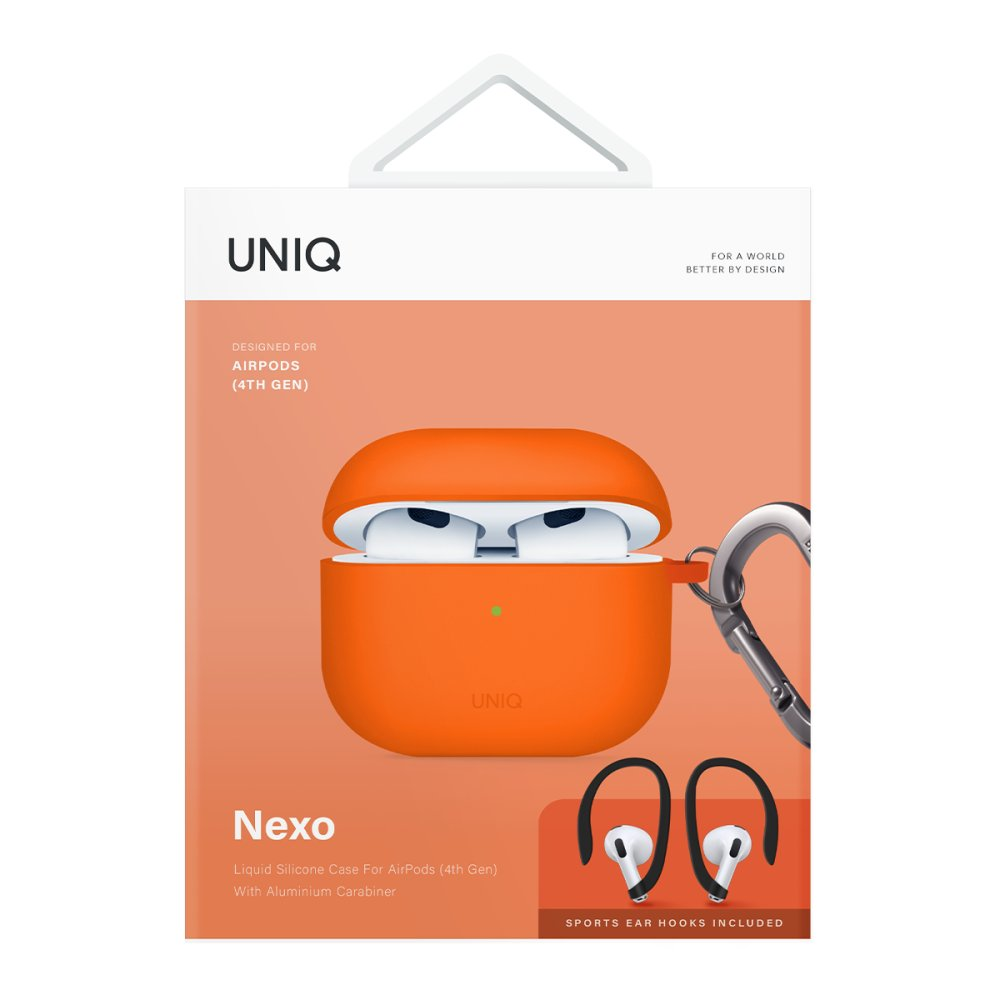 AirPods (4. Nes) için turuncu UNIQ kılıf, beyaz kulaklıklar ve karabina ile. Kulak kancaları dahil.