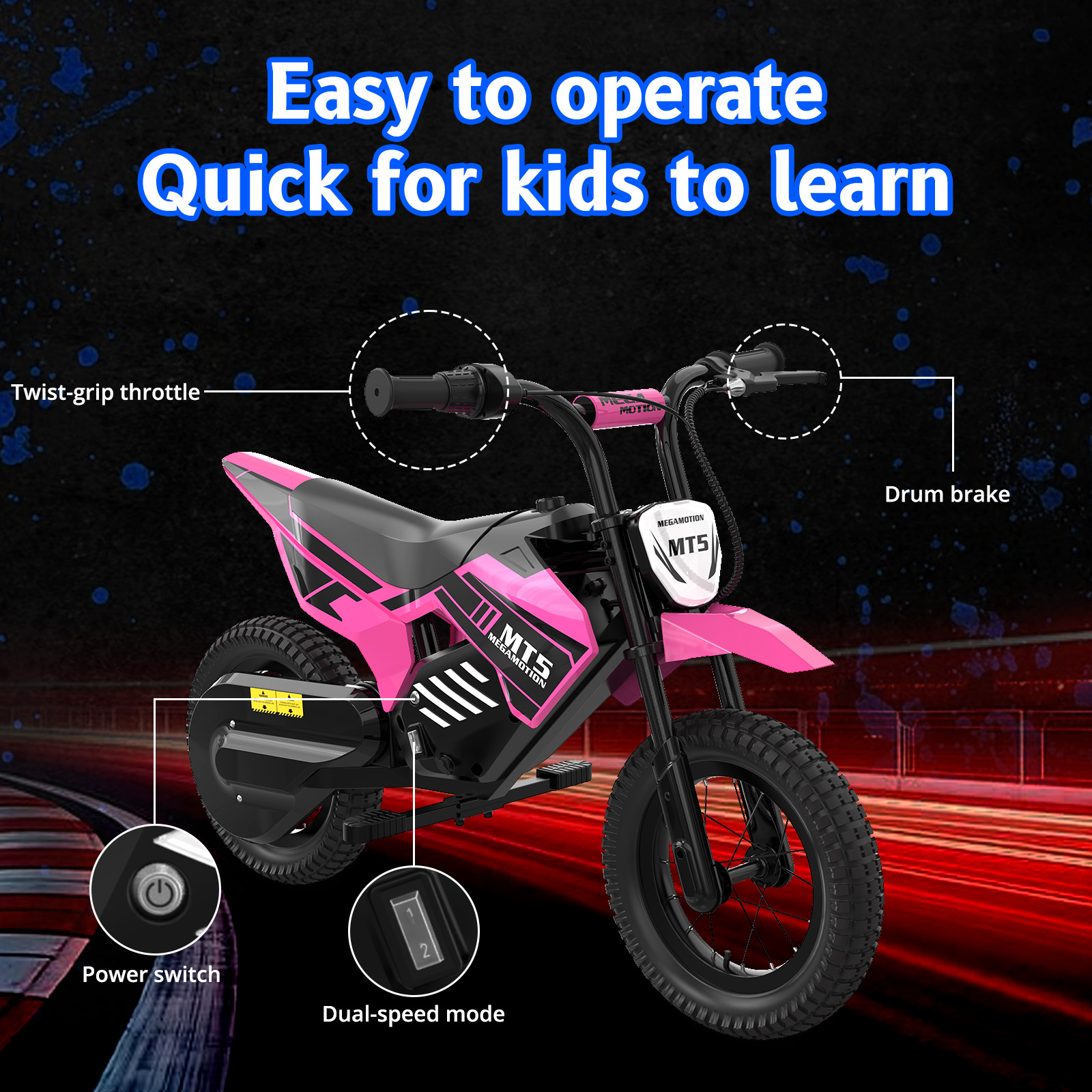 Różowy motocykl dla dzieci z logo "MTS", manetką gazu, hamulcami i trybami prędkości.