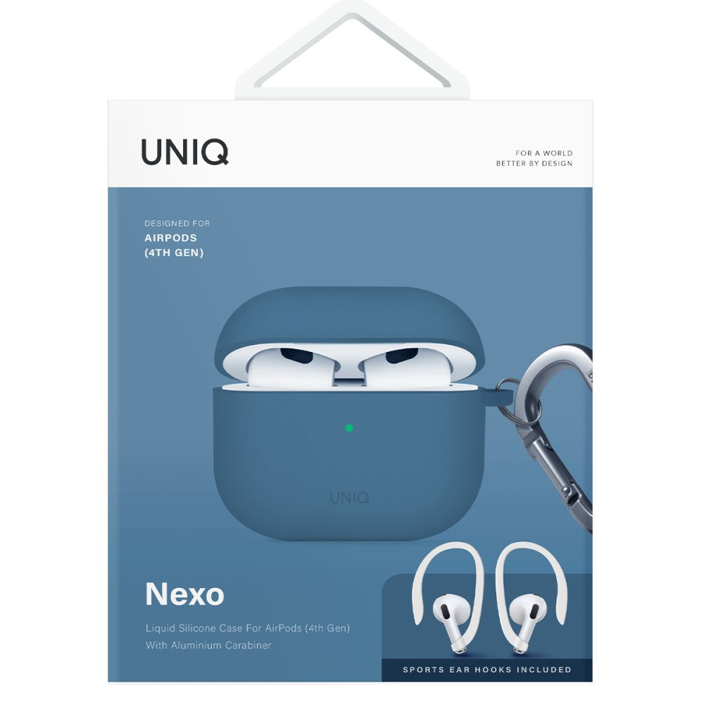 AirPods 4. Nesil için mavi UNIQ kılıf, kulaklık ve karabina ile. Kulak kancaları dahil.