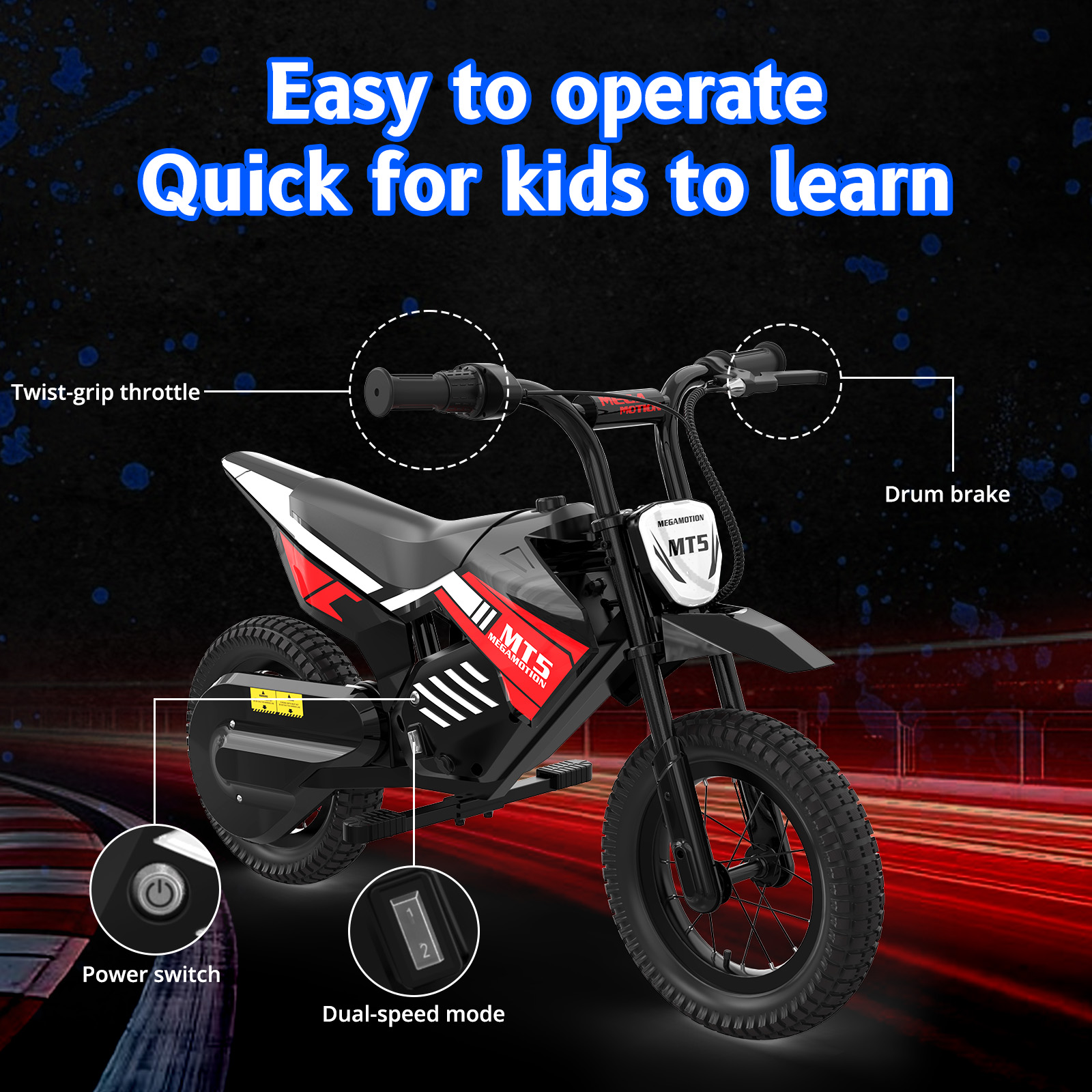 Czarny elektryczny motocykl dla dzieci z czerwonymi akcentami, kierownicą, oponami i kontrolkami.