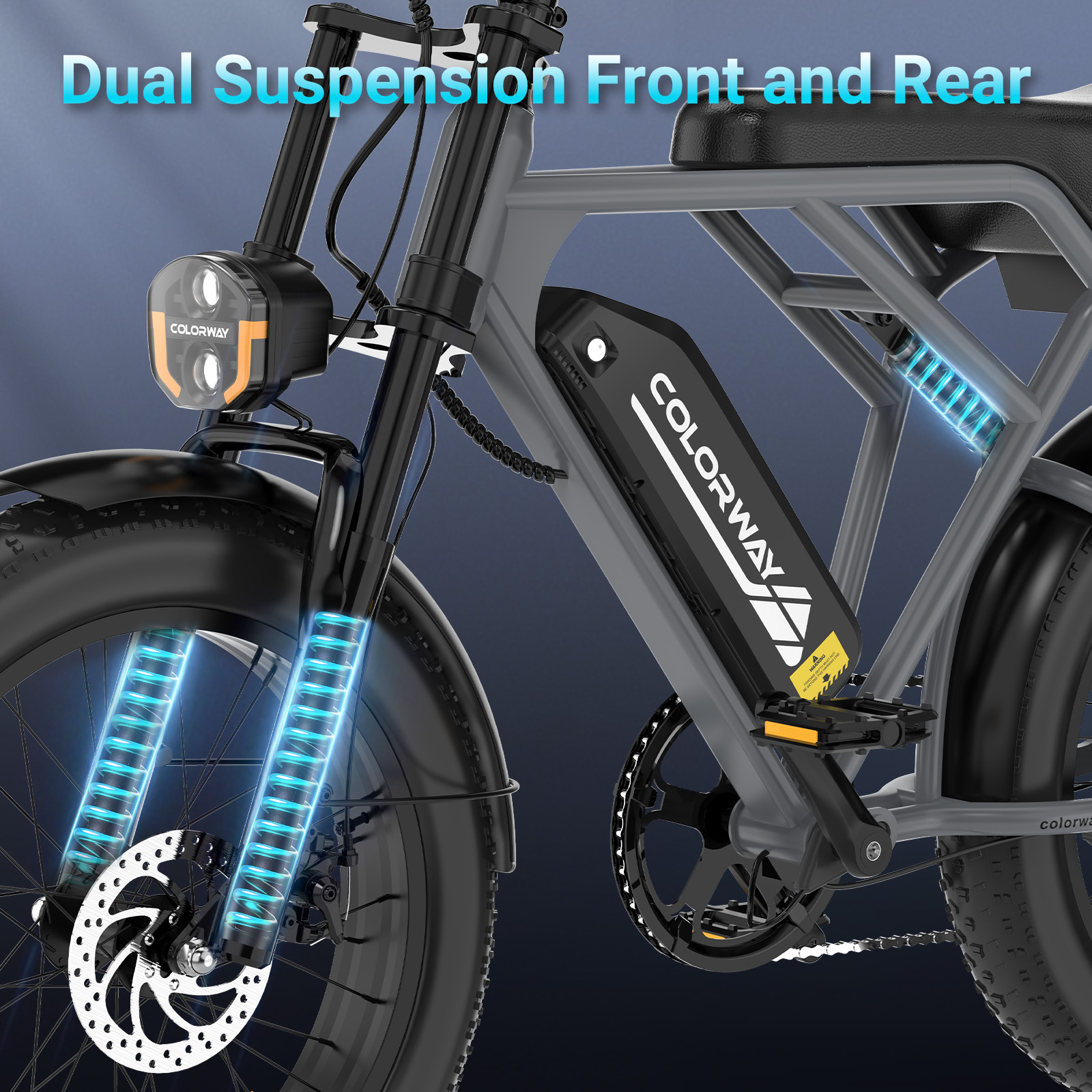 Grijze e-bike met voor- en achtervering. Zwart zadel en accupack.