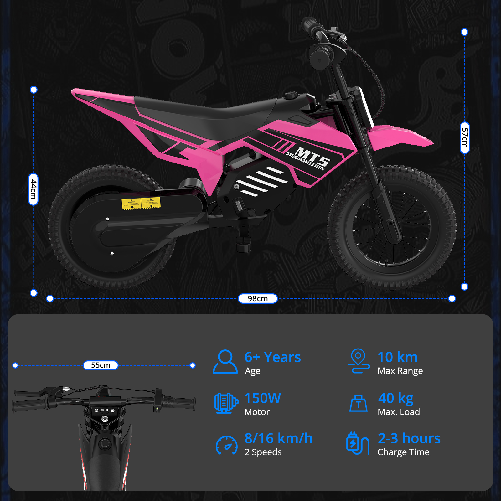 Różowy dziecięcy dirt bike z czarnymi akcentami i logo MT5.