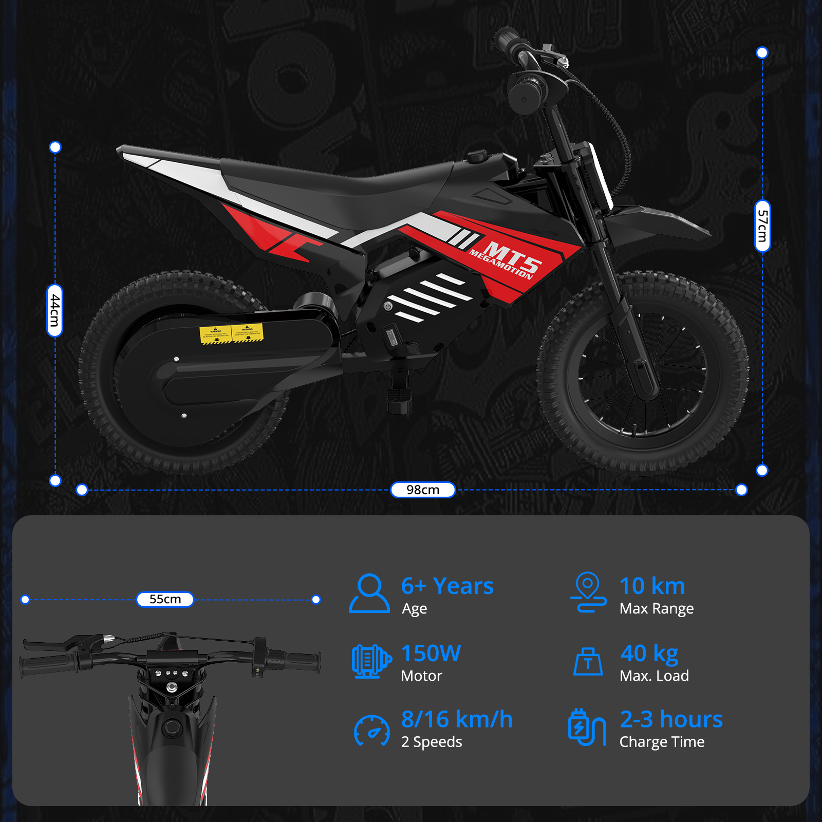 Czarny dziecięcy dirt bike z czerwonymi i białymi akcentami, 98cm.
