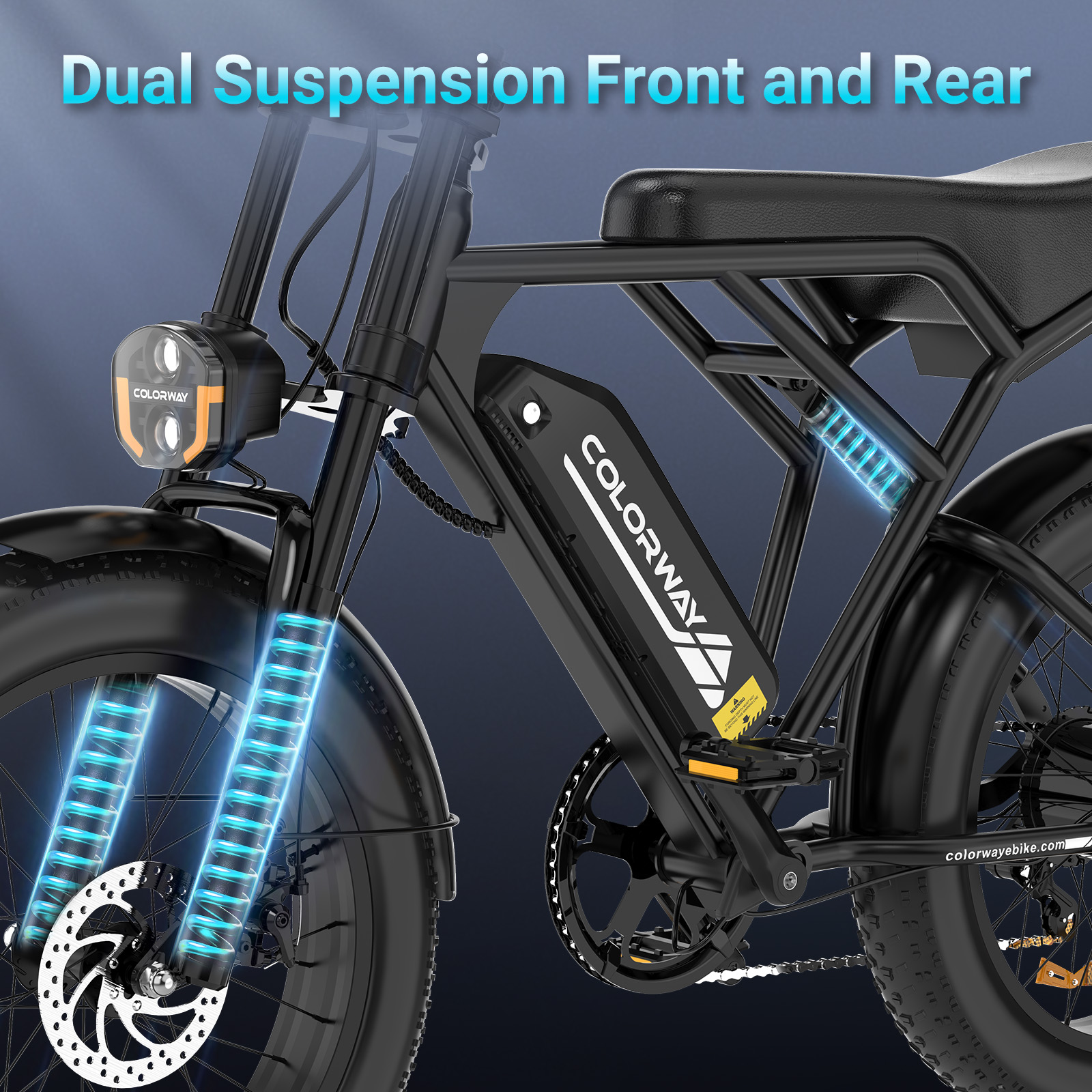 Zwarte e-bike met dubbele vering, LED-koplamp en batterij.