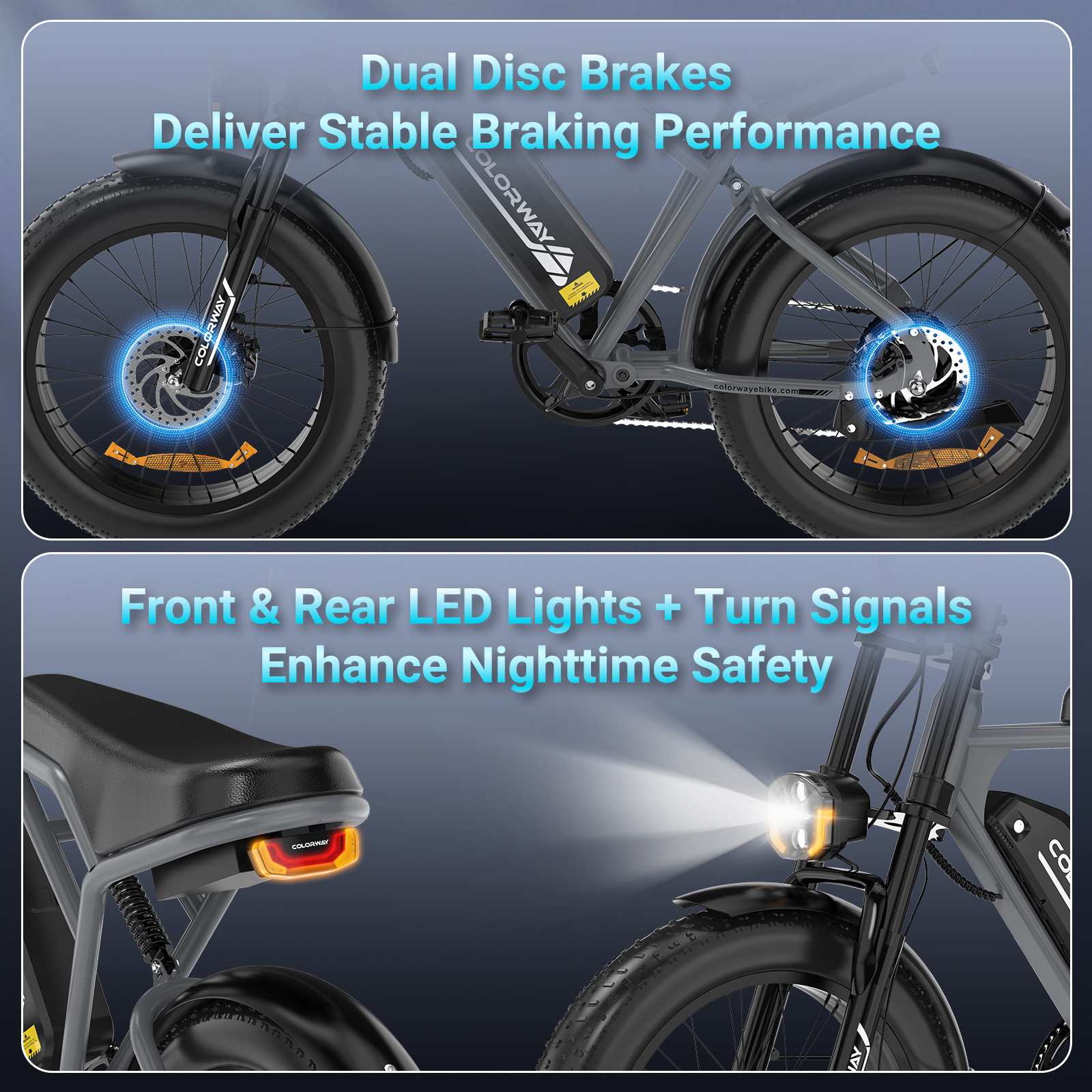 Een e-bike met schijfremmen en voor-/achterlichten.
