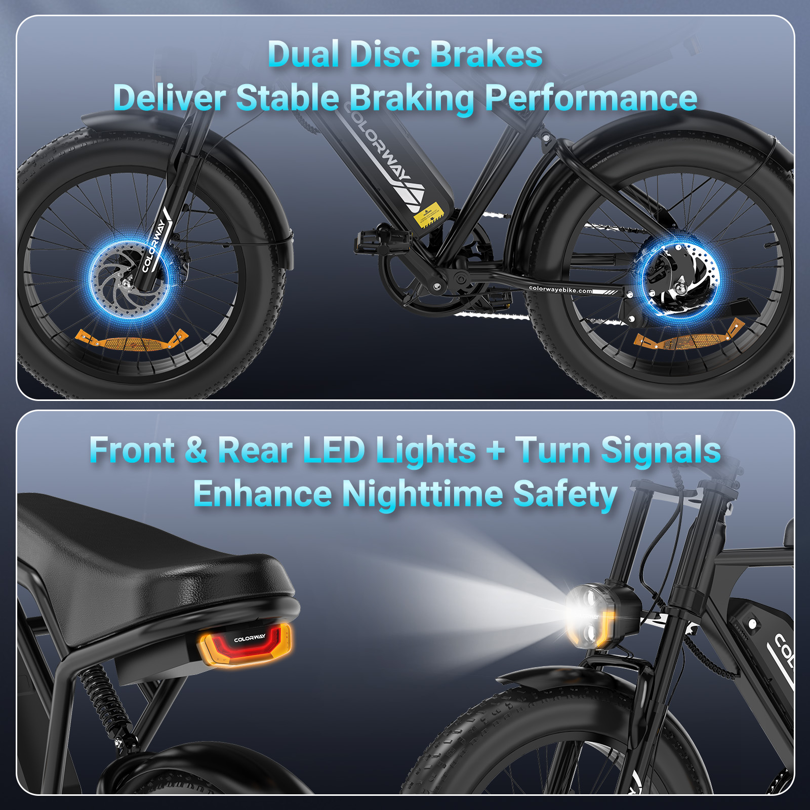Een zwarte elektrische fiets met dubbele schijfremmen en LED-verlichting.