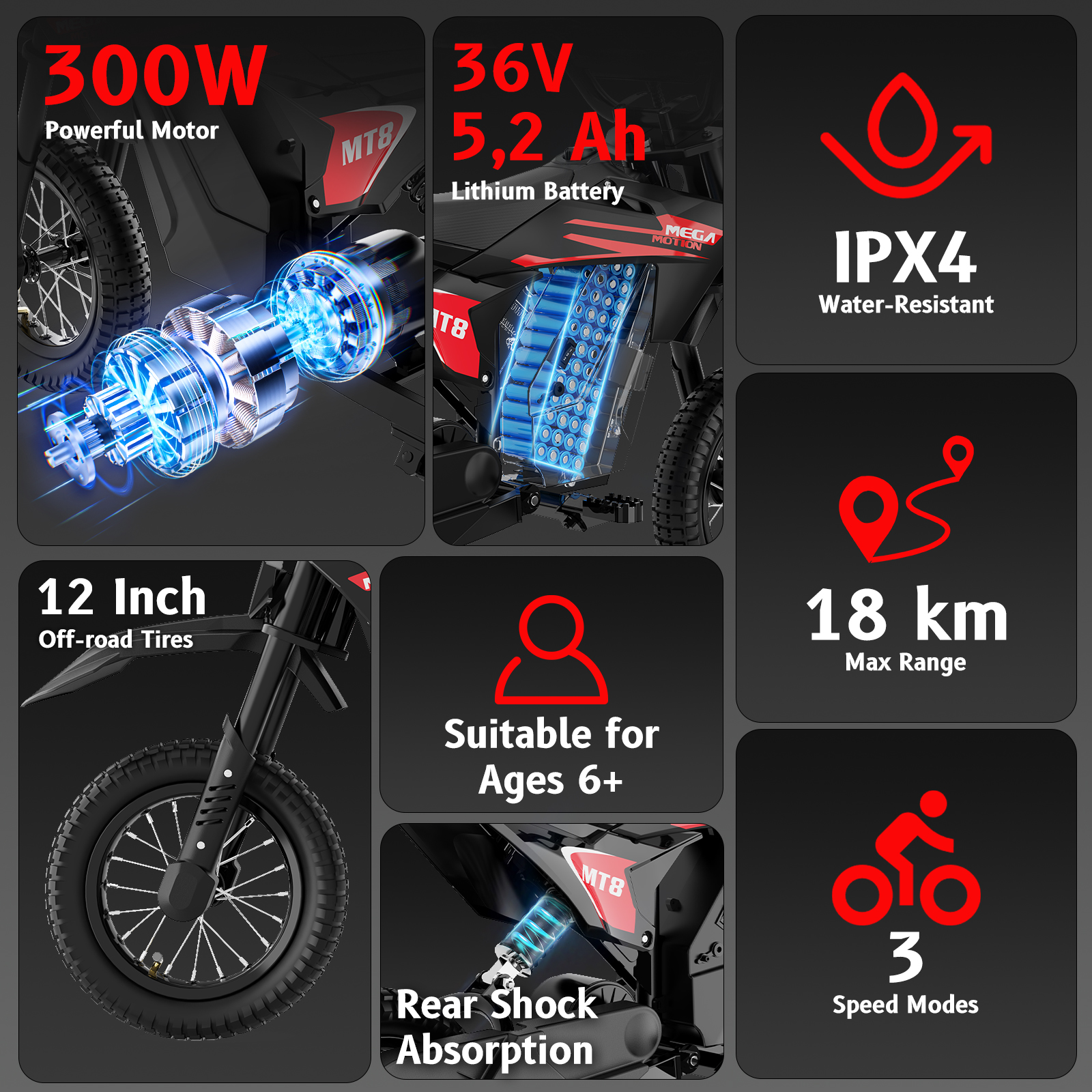 Rower elektryczny 300W, bateria 36V, opony 12", IPX4, zasięg 18km.