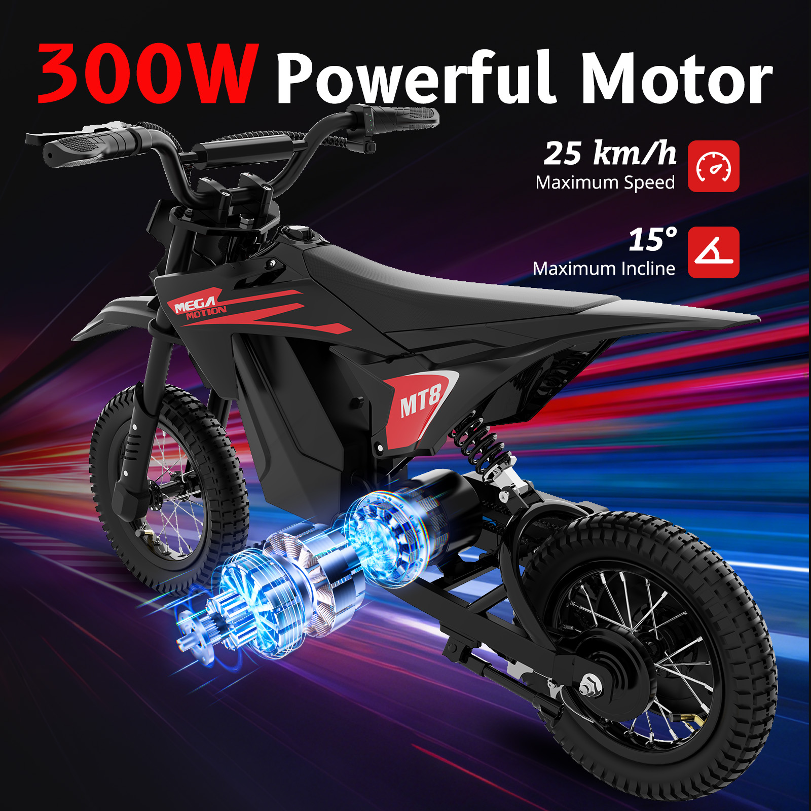 Czarny motocykl elektryczny z czerwonymi akcentami i świecącymi elementami silnika.