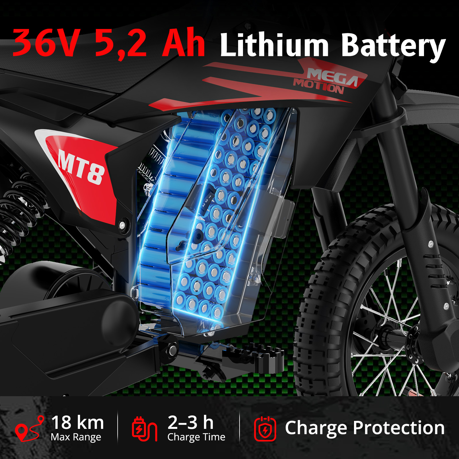 Bateria litowa 36V 5,2 Ah roweru MT8 ze wskaźnikiem ładowania i zasięgu.