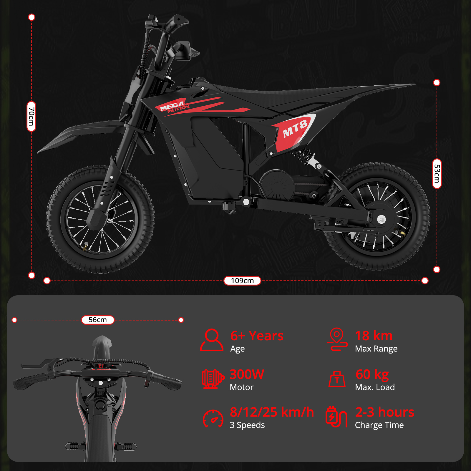 Czarny elektryczny rower typu dirt bike z czerwonymi akcentami, wymiary.