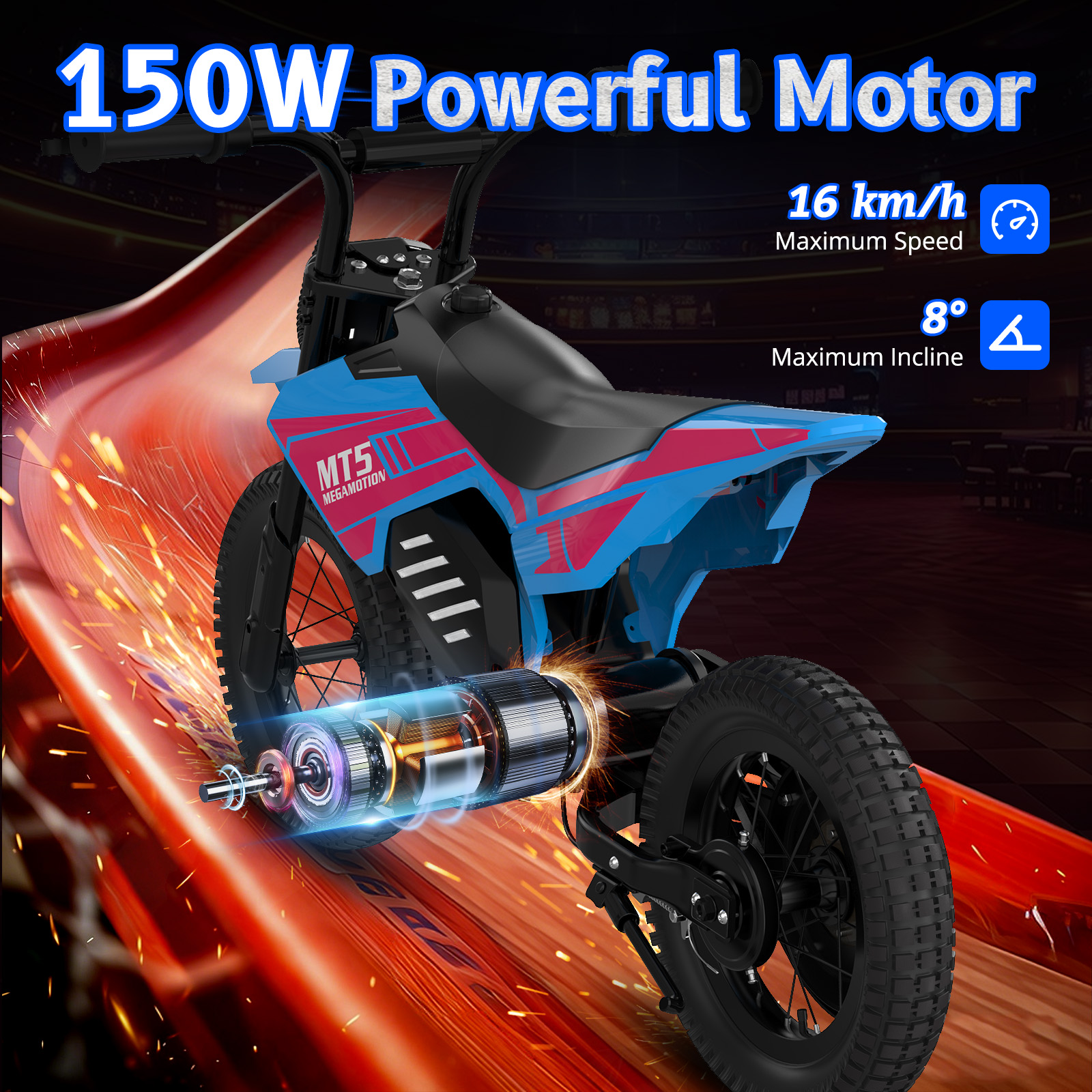 Niebiesko-różowy motocykl elektryczny z widocznym silnikiem i iskrami.