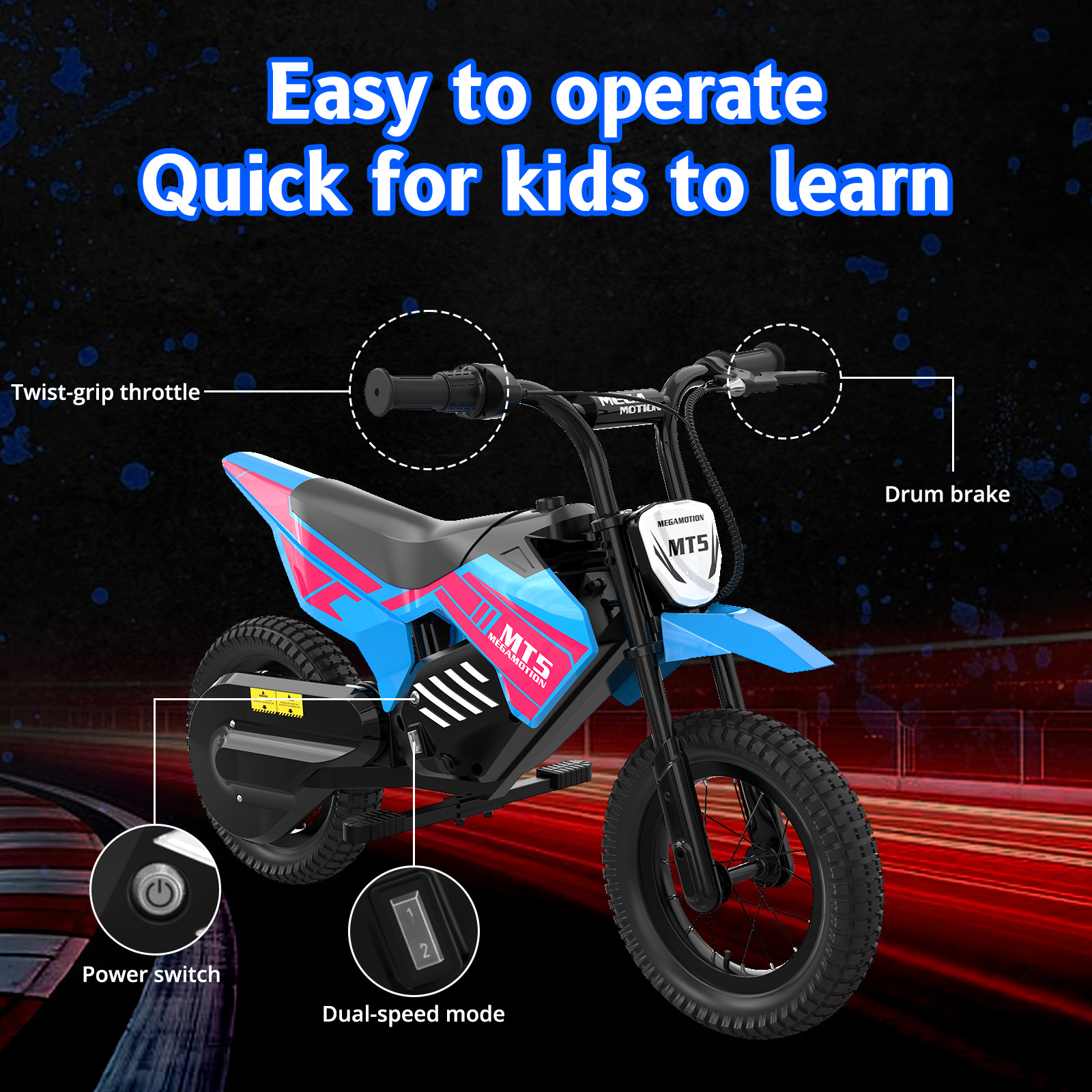 Niebiesko-różowy dirt bike dla dzieci z oznaczeniami sterowania, takim jak manetka gazu i hamulec bębnowy.
