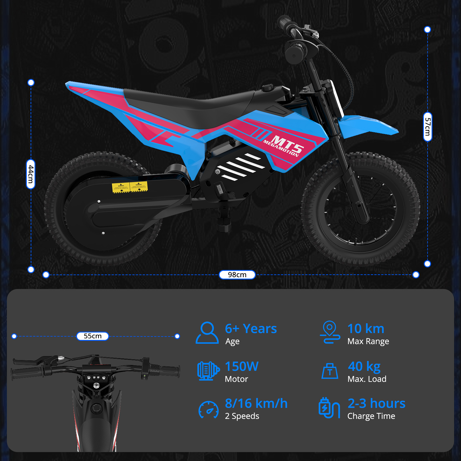 Niebieski i różowy dirt bike dla dzieci z napisem MTS Megamotion. Wymiary są podane.