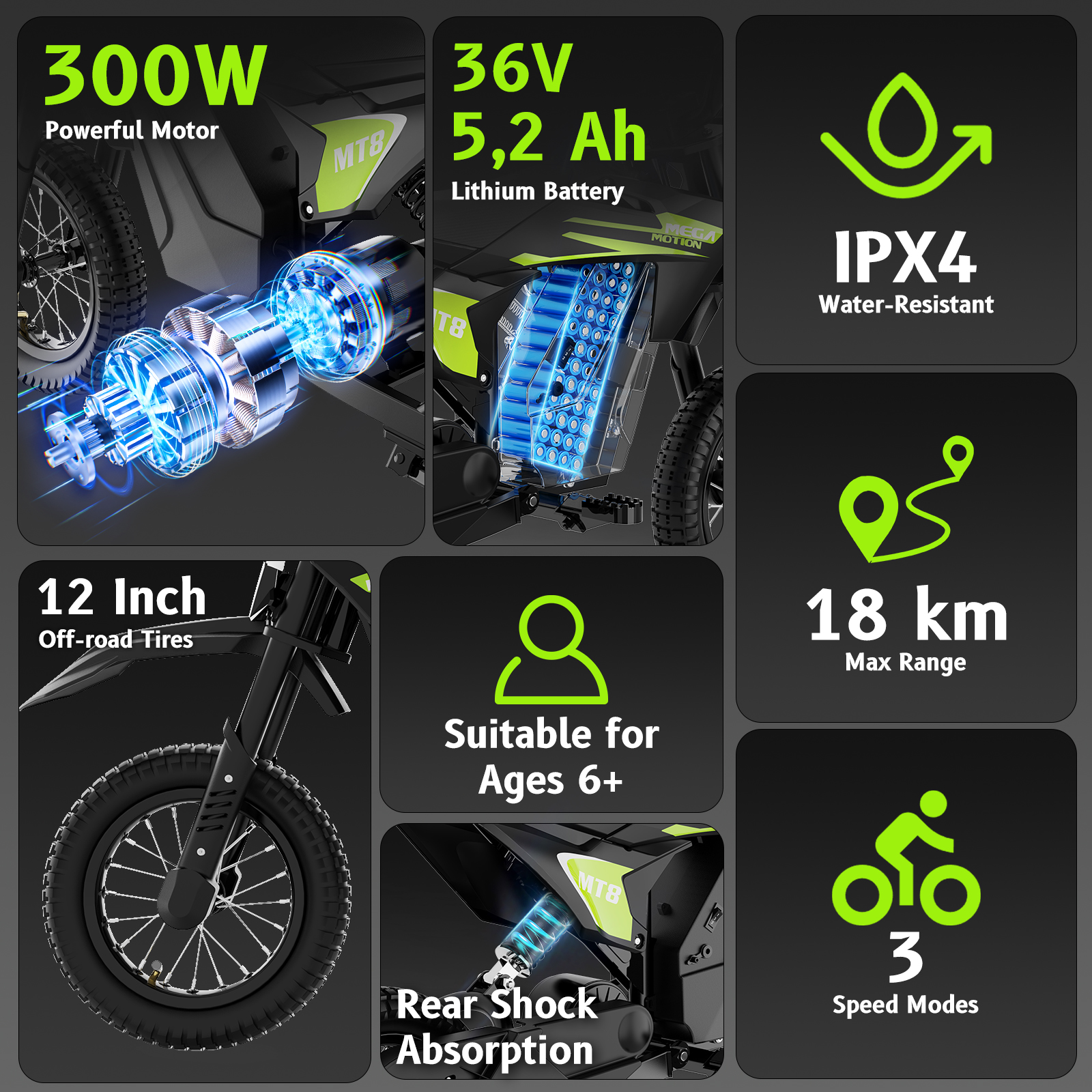 Specyfikacje roweru elektrycznego: silnik 300W, bateria 36V 5,2Ah, opony 12", IPX4, zasięg 18km.