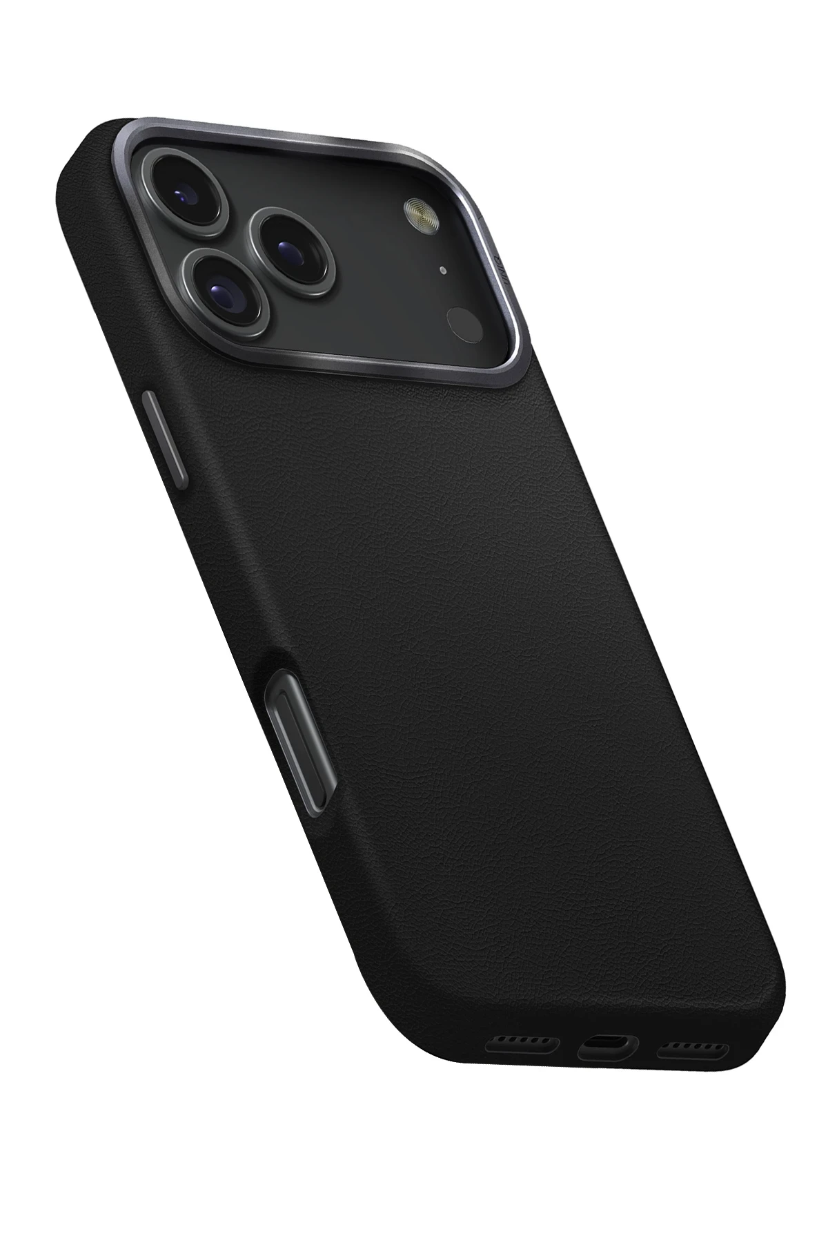 Üç kamera lensli ve gümüş çerçeveli siyah telefon kılıfı.