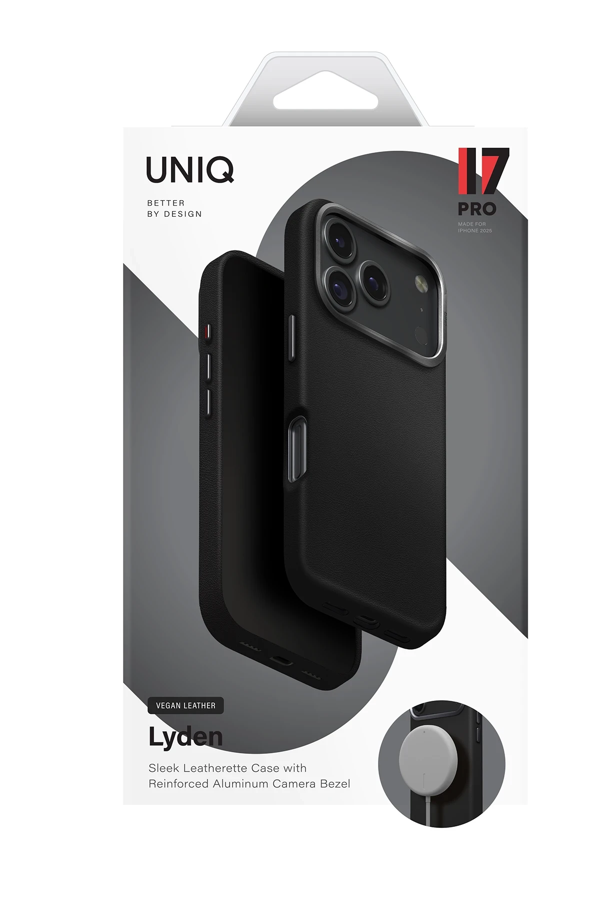 Metalik kamera çerçeveli siyah bir telefon kılıfı ambalajında sergileniyor. Metin "UNIQ" ve "Lyden" yazıyor.