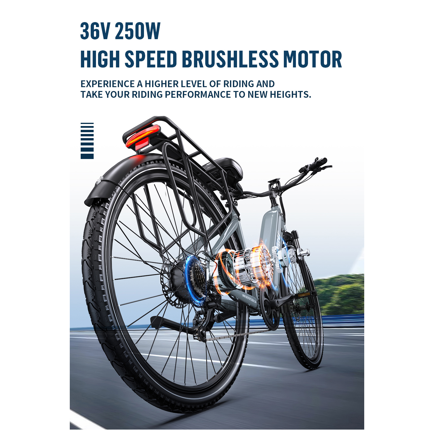 Szary rower elektryczny z podświetlanymi komponentami wewnętrznymi, zaparkowany na drodze asfaltowej z rozmytym zielonym tłem.