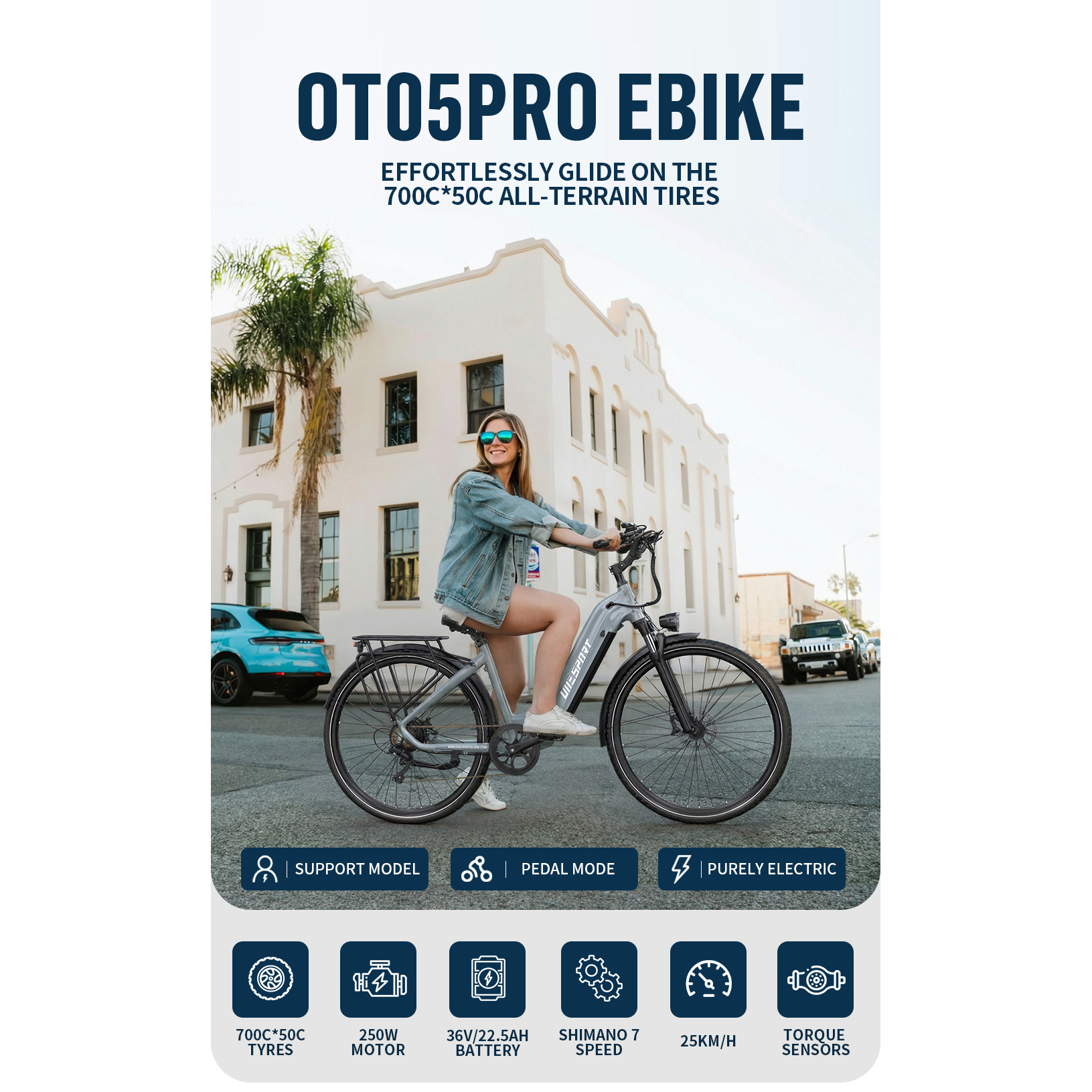 Kobieta jedzie na szarym rowerze elektrycznym przed białym budynkiem z samochodami.