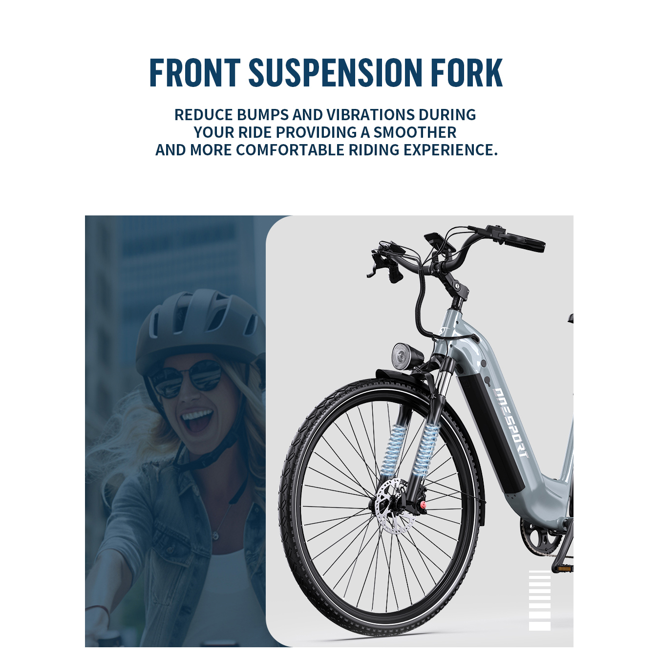 Szary rower elektryczny z przednim amortyzatorem i kobietą w kasku.