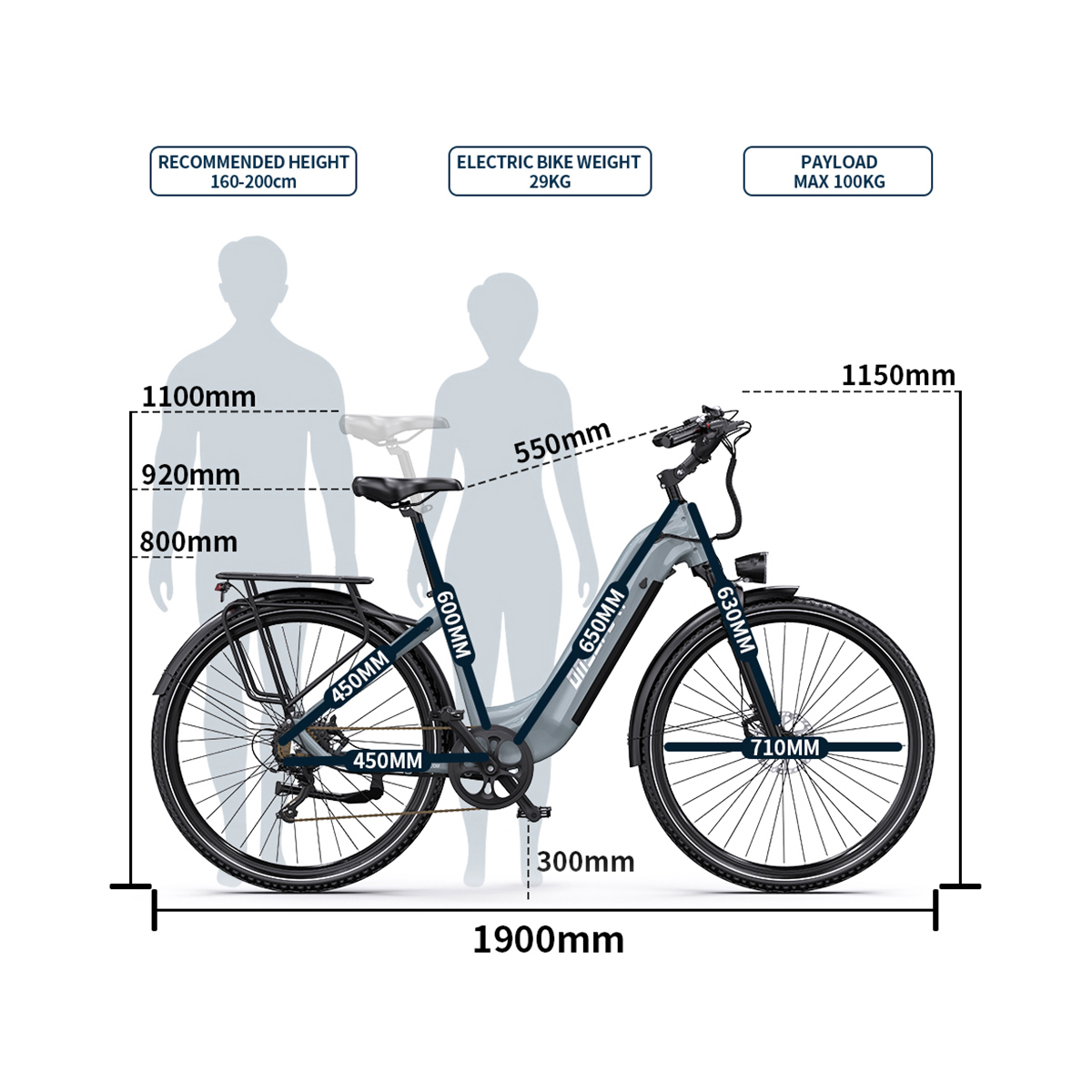 Rysunek techniczny roweru elektrycznego z wymiarami i wzrostem.