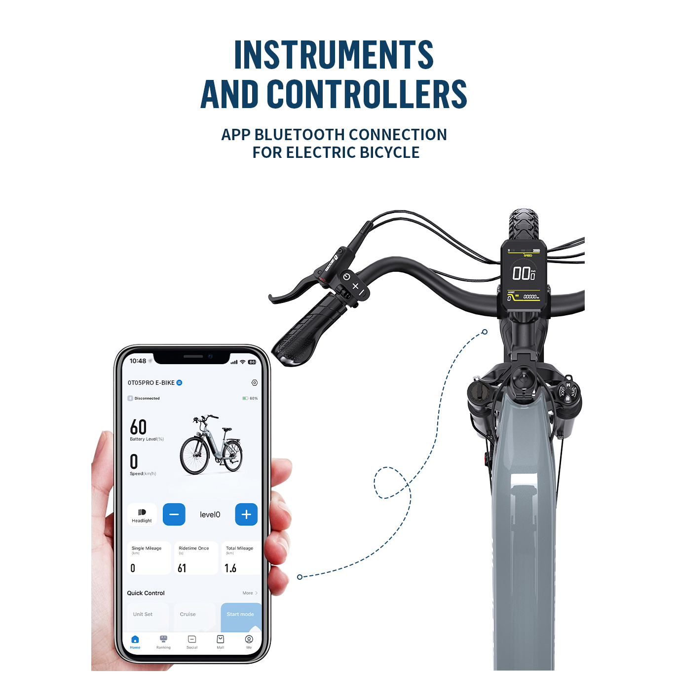 Smartfon wyświetla aplikację e-roweru z danymi; obok kierownica i wyświetlacz e-roweru.