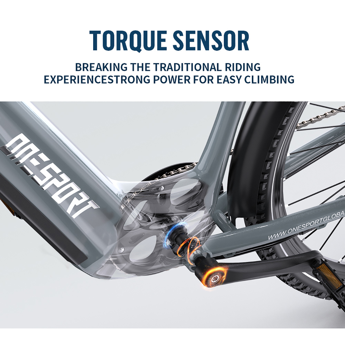 Zbliżenie na czujnik momentu obrotowego roweru elektrycznego, pokazujący dużą moc do łatwego podjeżdżania.