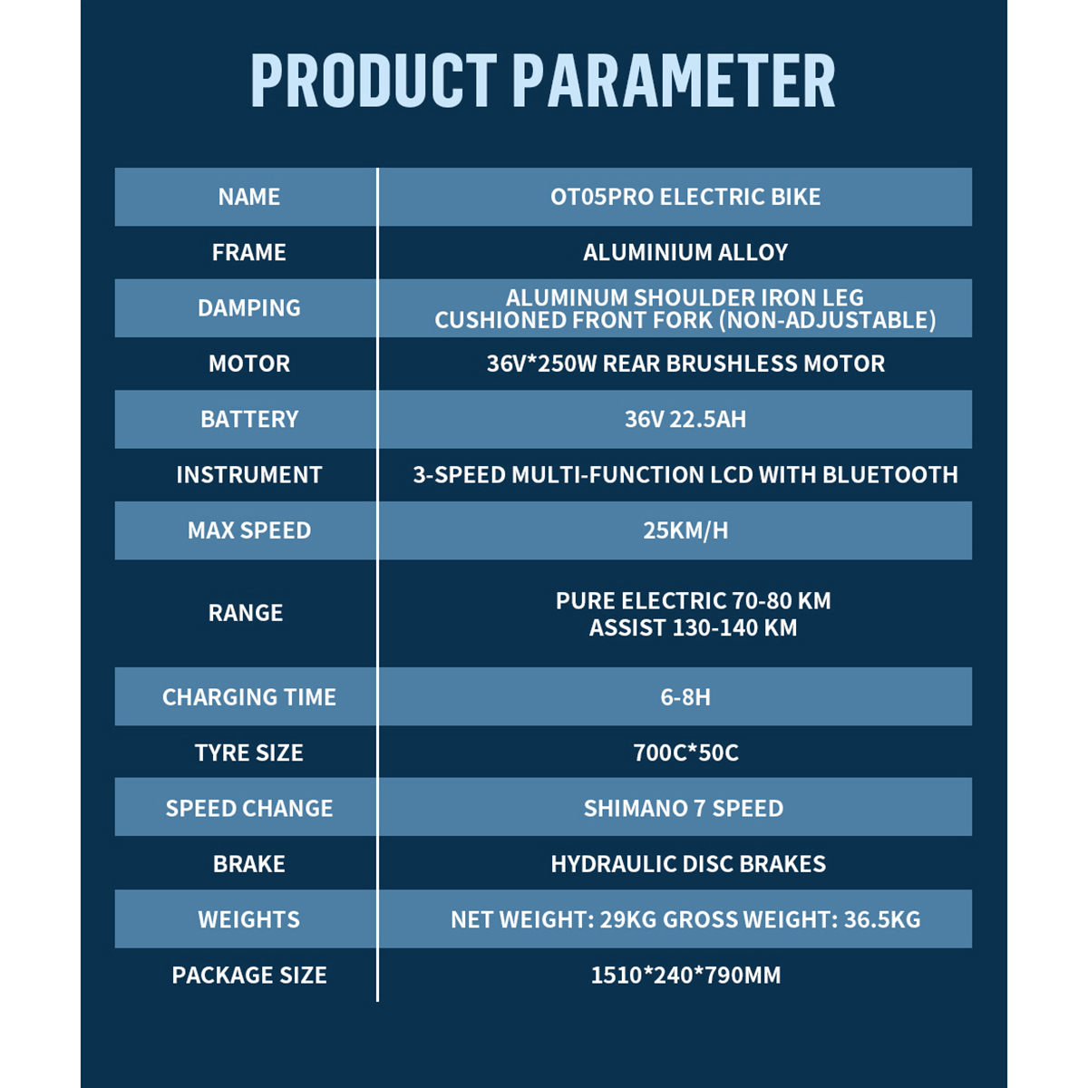 Parametry produktu: Rower elektryczny OT05PRO, aluminium, 25km/h, zasięg 70-80km.