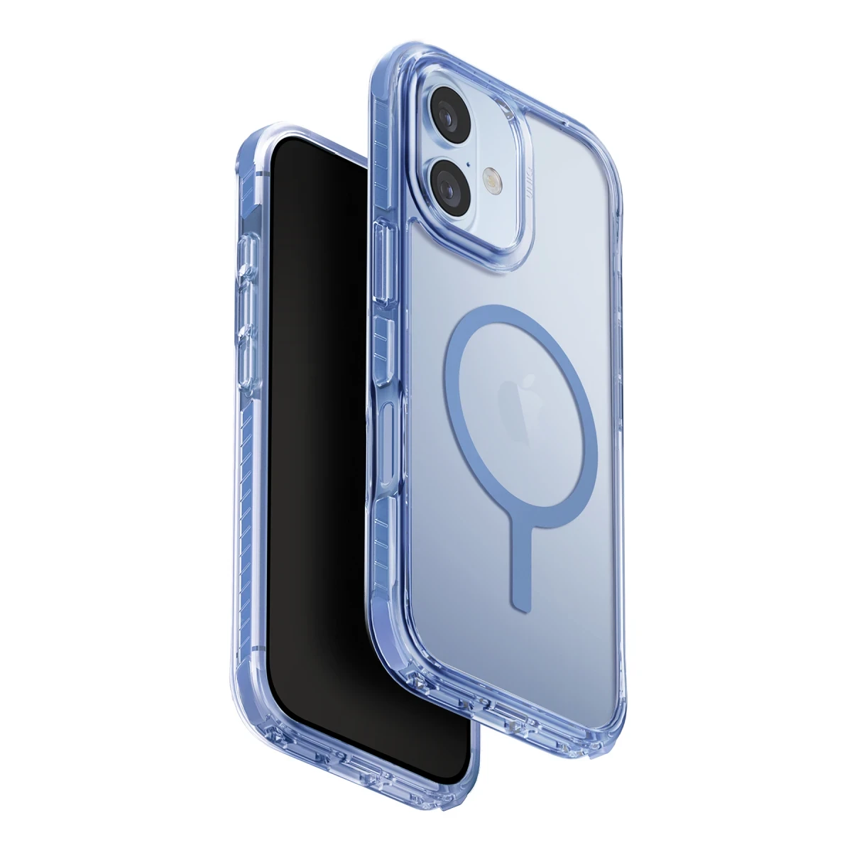 Kameralı ve manyetik halkalı mavi şeffaf iPhone kılıfı.