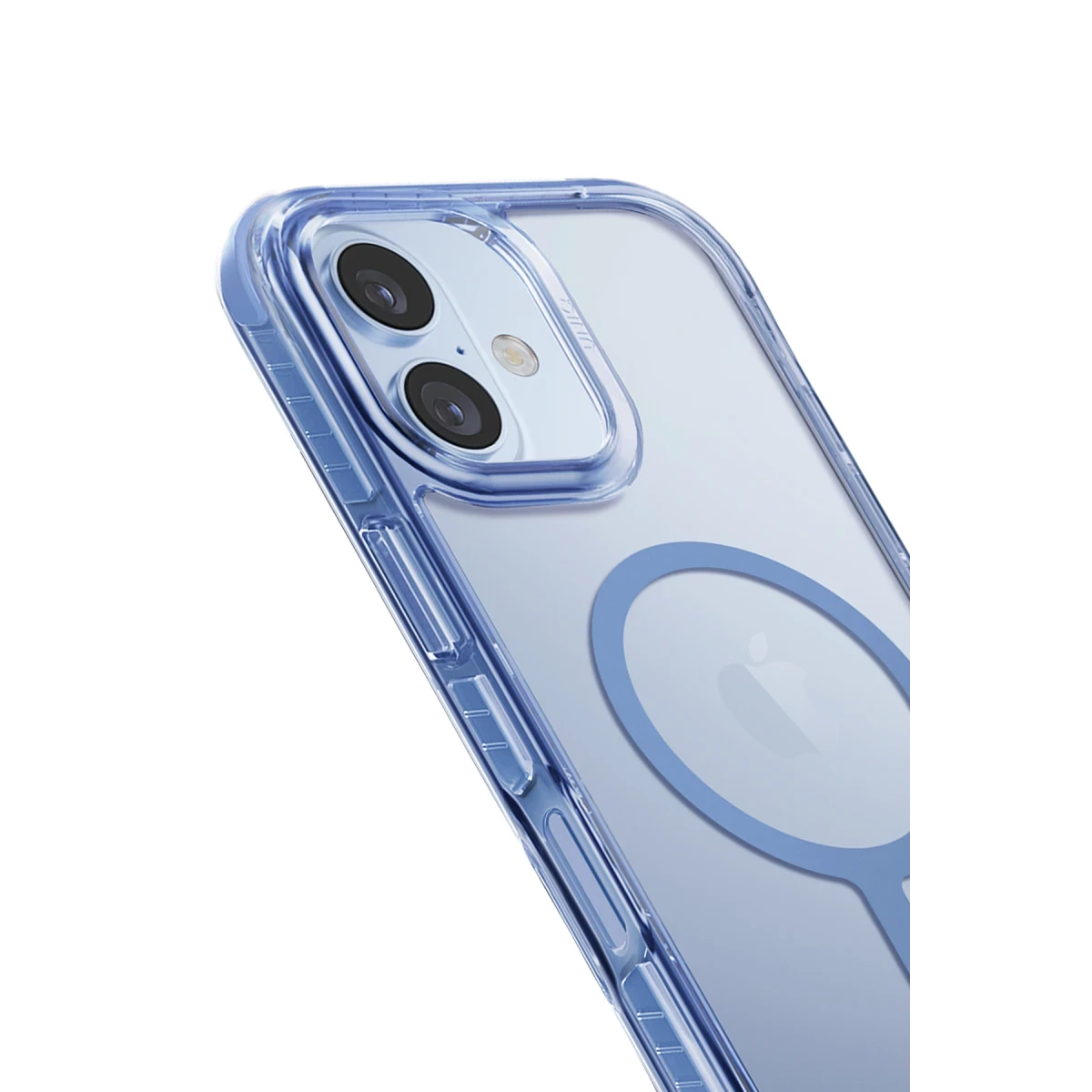 Mavi vurgulara ve kamera alanına sahip şeffaf iPhone kılıfı.
