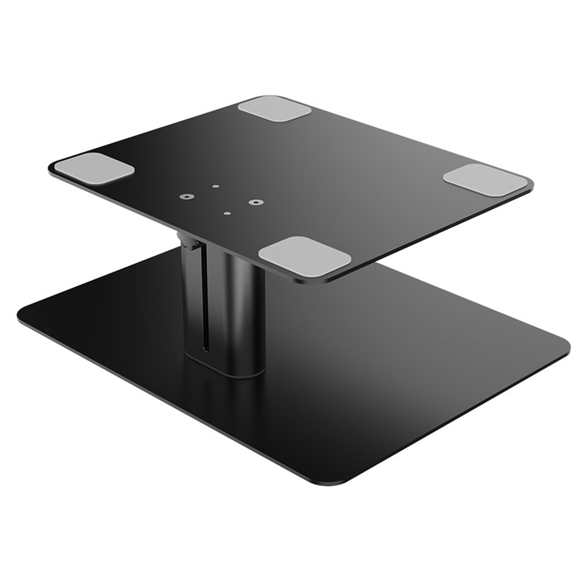 Ein schwarzer Laptop-Ständer mit zwei Ebenen und grauen Gummifüßen.