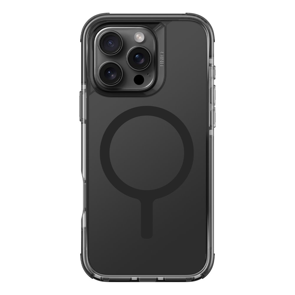 Üç kamera lensi ve dairesel amblemli koyu renk şeffaf telefon kılıfı.