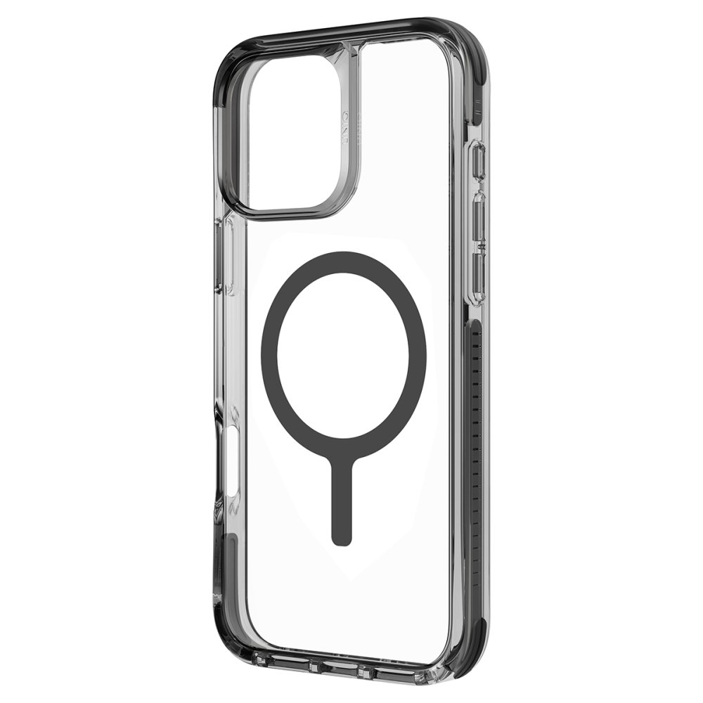 iPhone için siyah manyetik halka sembollü şeffaf telefon kılıfı.