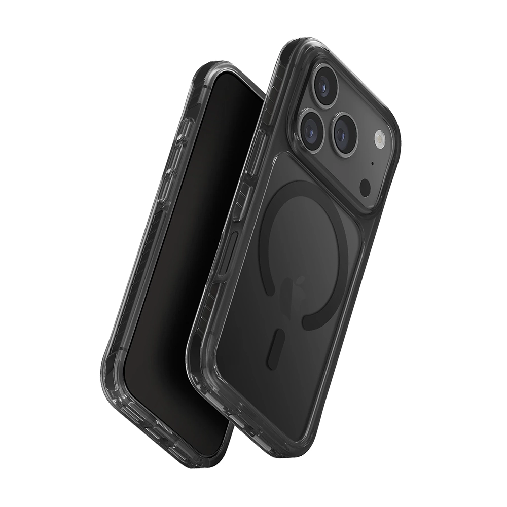 Mıknatıslı halkalı şeffaf iPhone kılıfı beyaz arka planda.