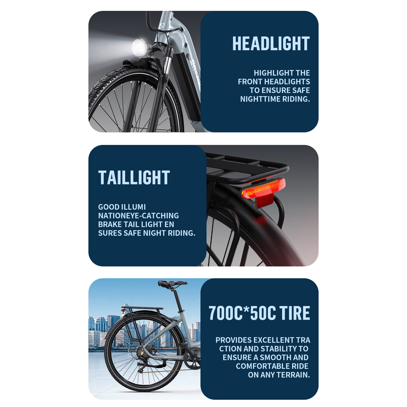 Rower z przednim światłem, tylnym światłem i oponami.