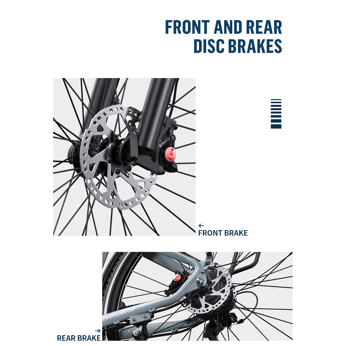 Zbliżenie na przednie i tylne hamulce tarczowe roweru, prezentujące srebrne tarcze i czarne zaciski.